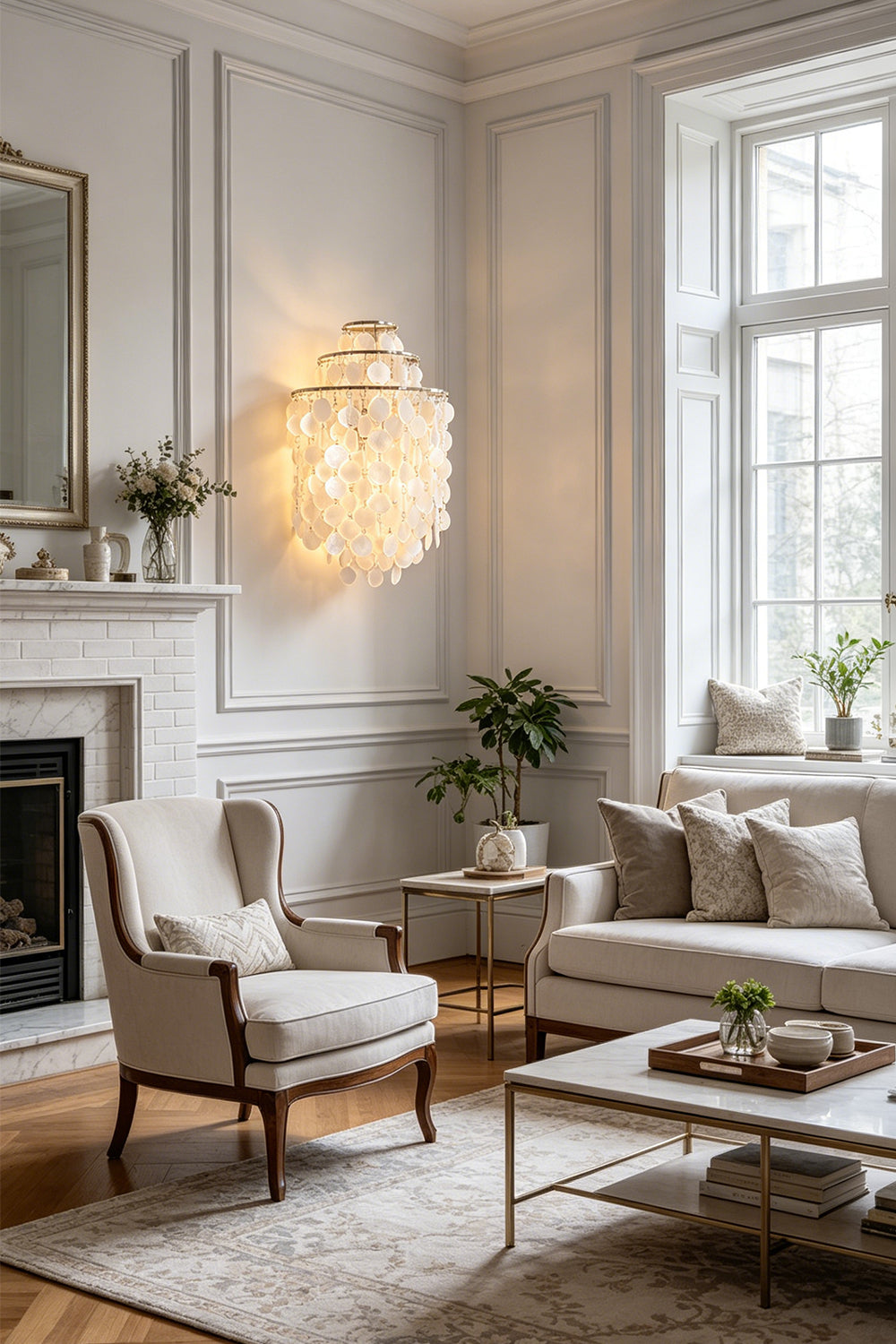 Elegant shell cascading wall light | Shell | Iron | Installed in a classic living room beside a window | Samu Lamp