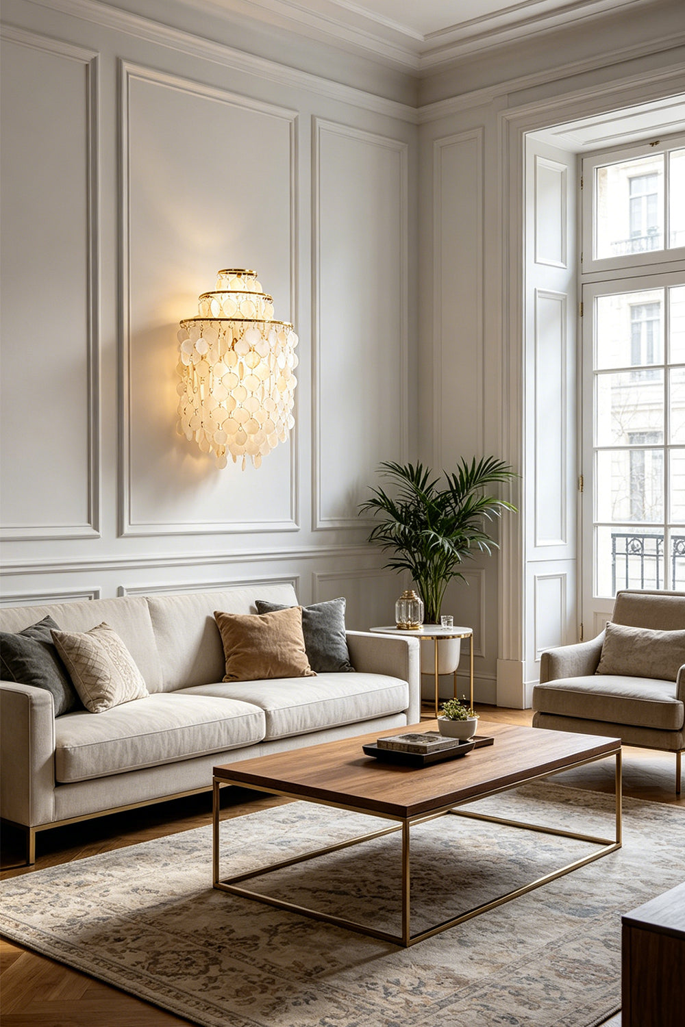 Round shell disc wall sconce | Shell | Iron | Mounted on a white wall in a bright modern living room | Samu Lamp