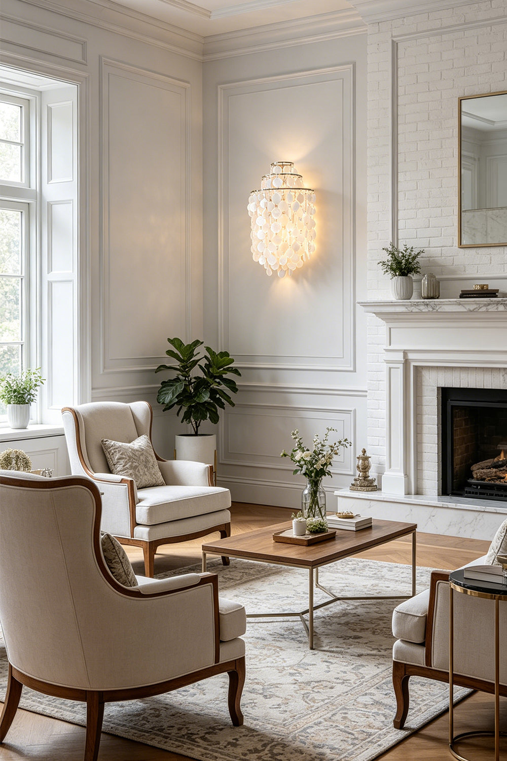 Tiered shell wall lamp providing warm glow | Shell | Iron | Living room interior with fireplace and armchairs | Samu Lamp