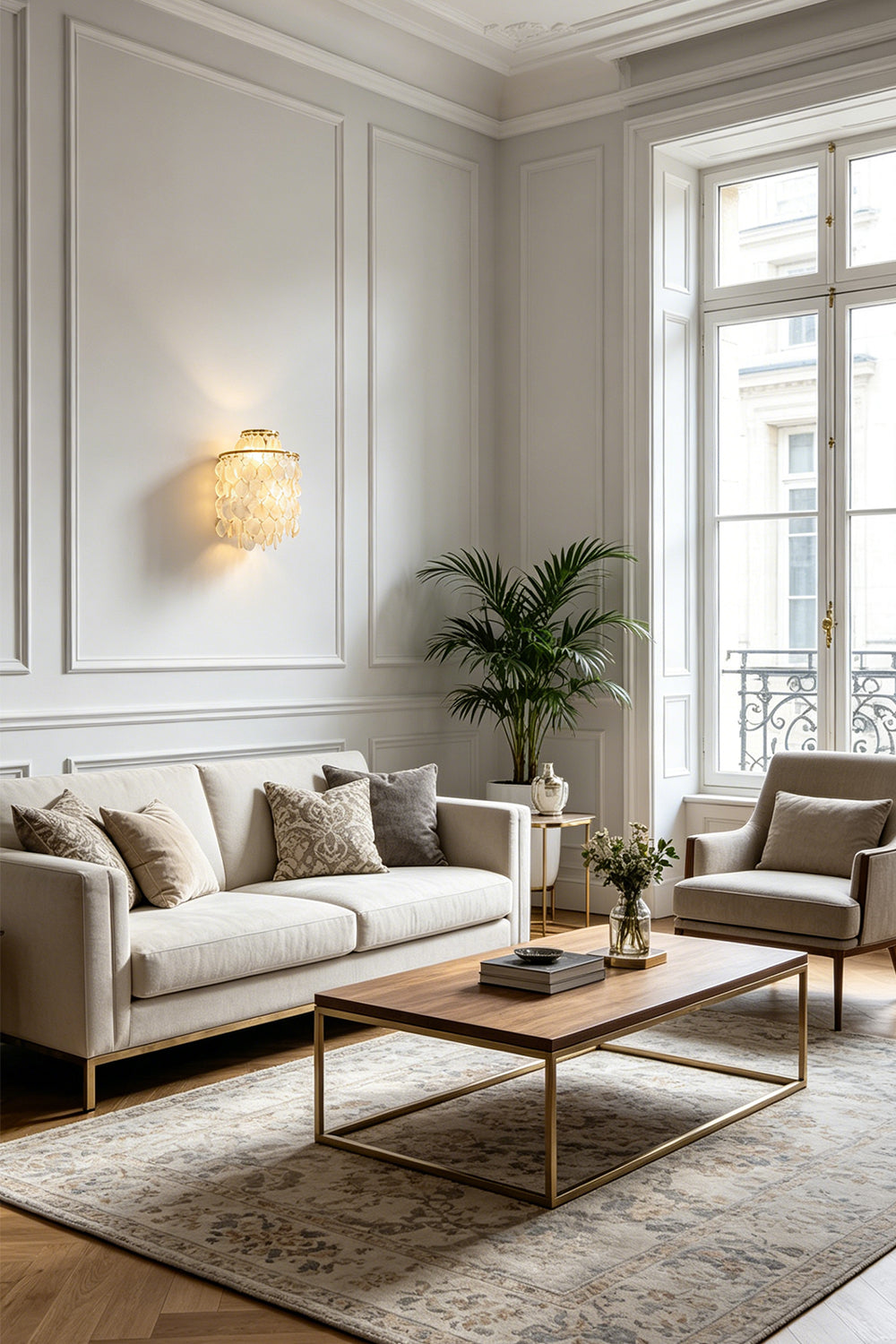 Capiz shell tiered wall sconce | Shell | Iron | Side wall installation in a bright living room space | Samu Lamp