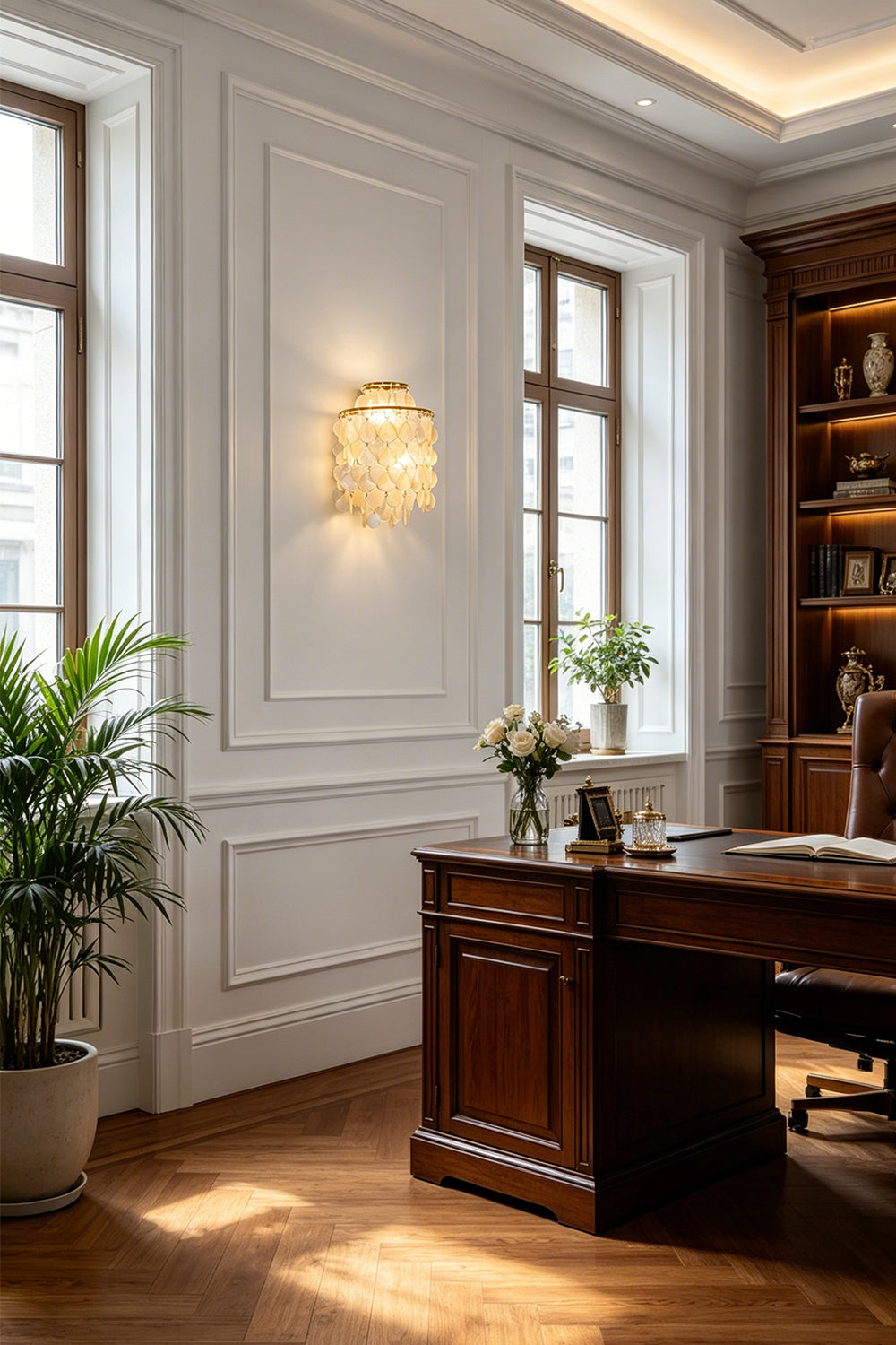 Classic shell wall light for study | Shell | Iron | Installed in a home office above a mahogany desk | Samu Lamp