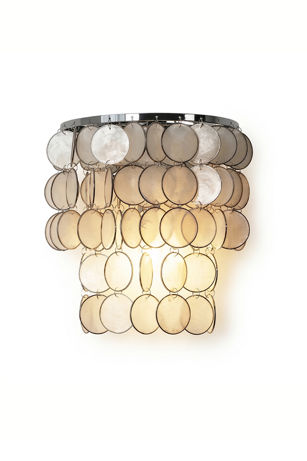 Shimmering round Capiz shell wall lamp with chrome frame | Shell | Iron | Lit front view on white background | Samu Lamp