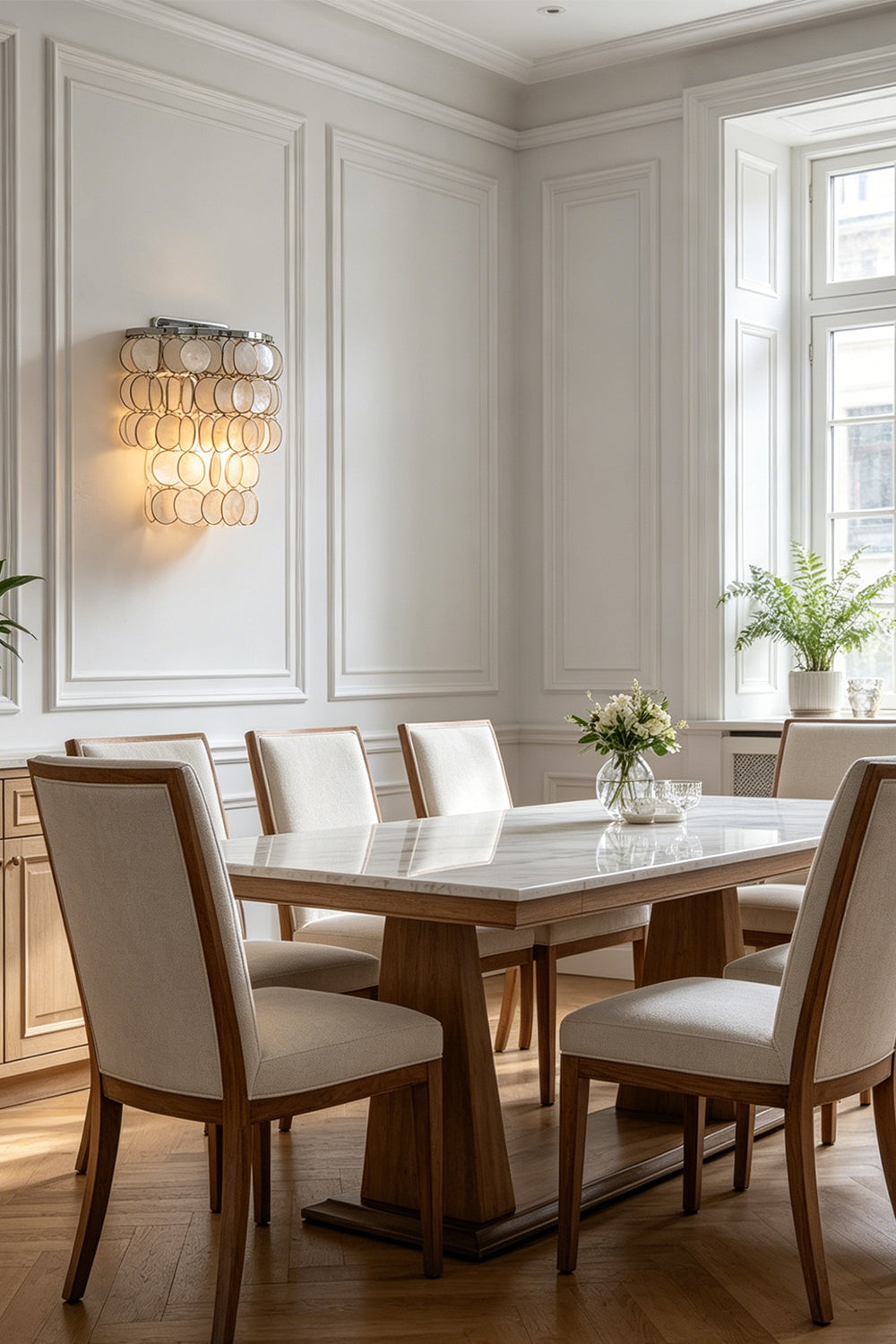 Coastal style Capiz shell wall light | Shell | Iron | Interior scene showing dining area with classic furniture | Samu Lamp