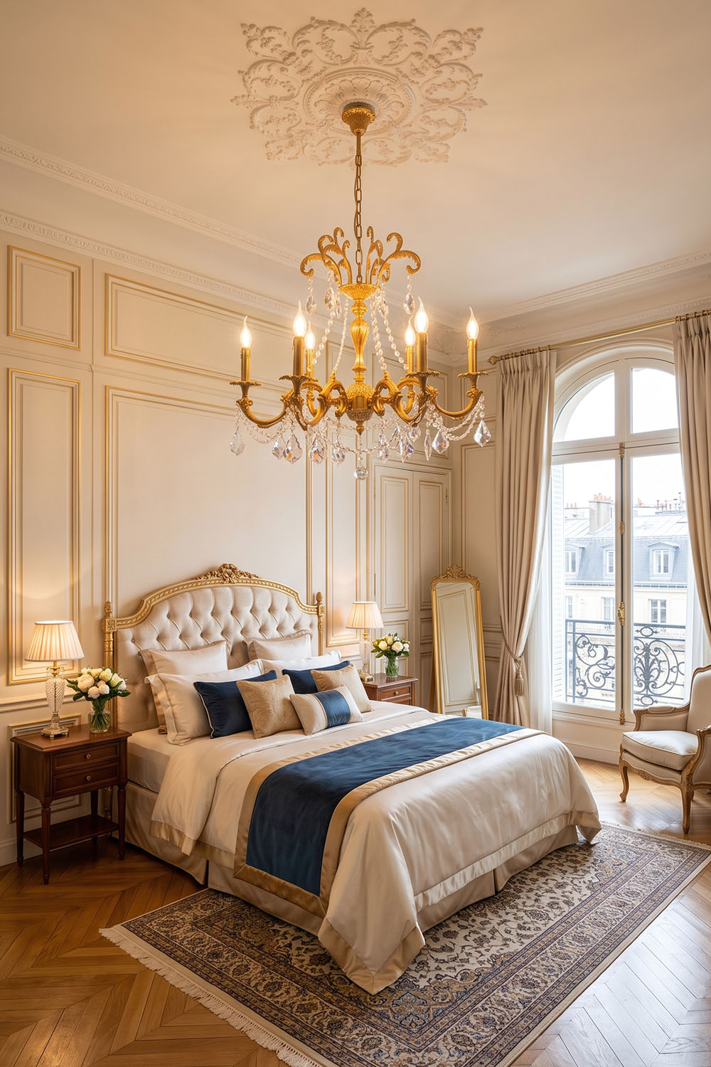 Sidonie Scrolled Brass Crystal Chandelier illuminating a luxurious bedroom with elegant decor and classic styling.