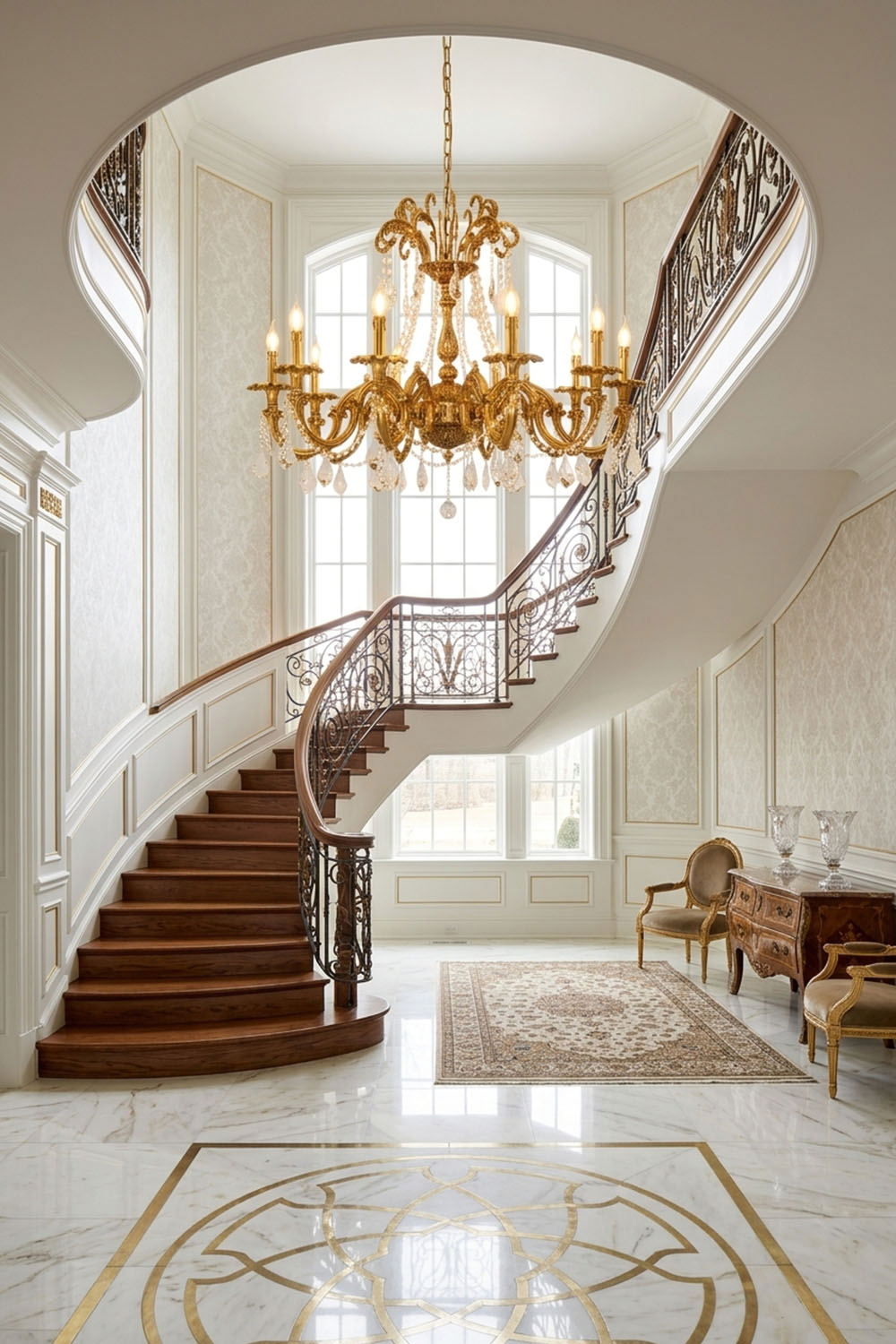 Elegant interior view showcasing the Sidonie Scrolled Brass Crystal Chandelier above a grand spiral staircase.
