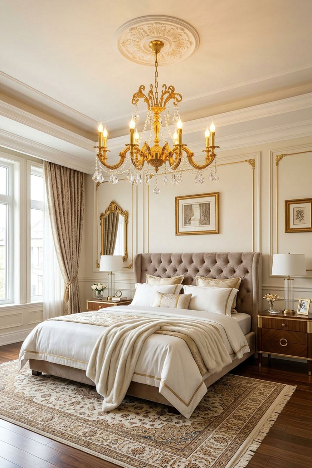 Sidonie Scrolled Brass Crystal Chandelier illuminating a luxurious bedroom with elegant decor.