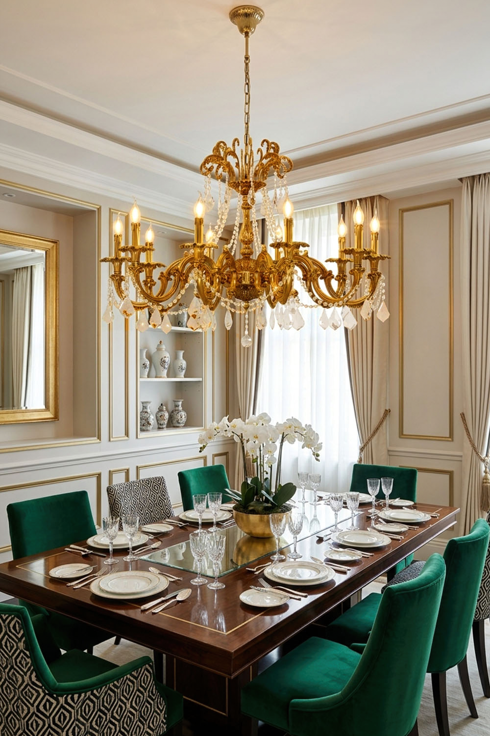 Sidonie Scrolled Brass Crystal Chandelier illuminating an elegant dining room with green chairs.