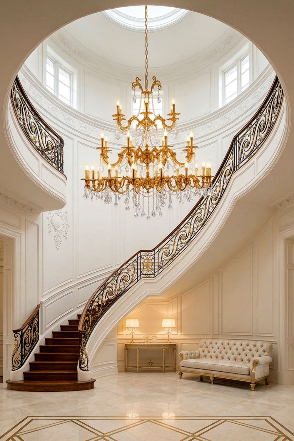 Sidonie Scrolled Brass Crystal Chandelier hanging above a grand staircase in an elegant interior.