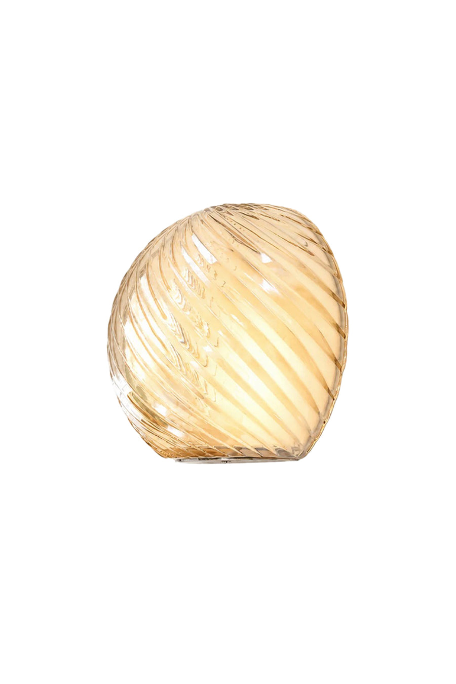 Silas Ribbed Glass Wall Sconce | Ribbed Glass, Metal | Isolated lit view of a modern organic pebble-shaped wall sconce featuring an amber-tinted swirled ribbed glass shade | White background | Samu Lamp