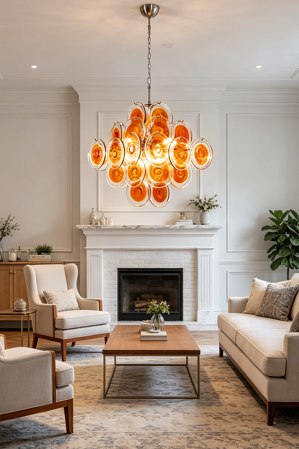 Solari Amber Glass Chandelier in a classic living room | Metal, Glass | Hanging over a fireplace and beige sofas | Samu Lamp