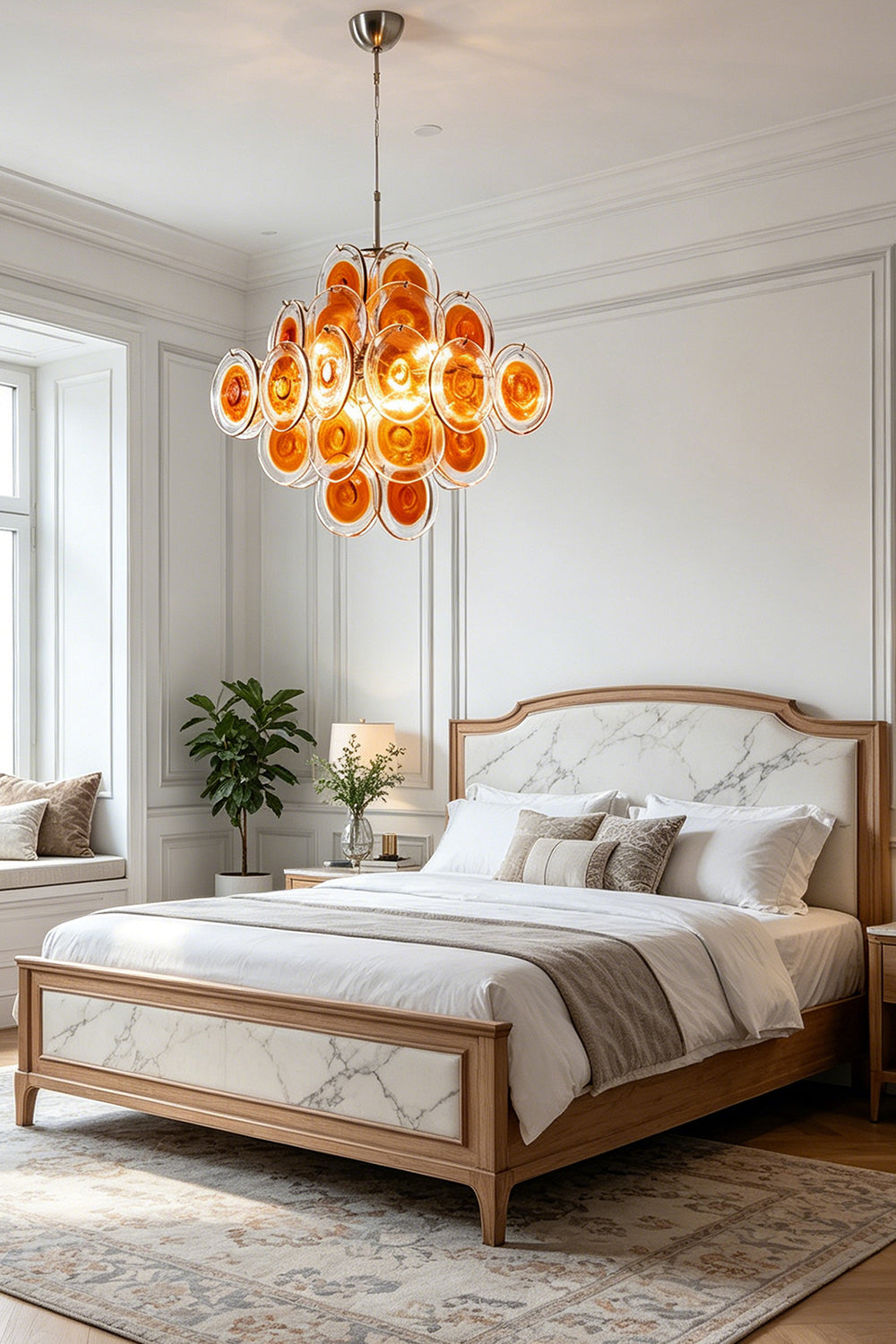 Solari Amber Glass Chandelier | Metal, Glass | Bedroom interior scene with natural light from a window | Samu Lamp