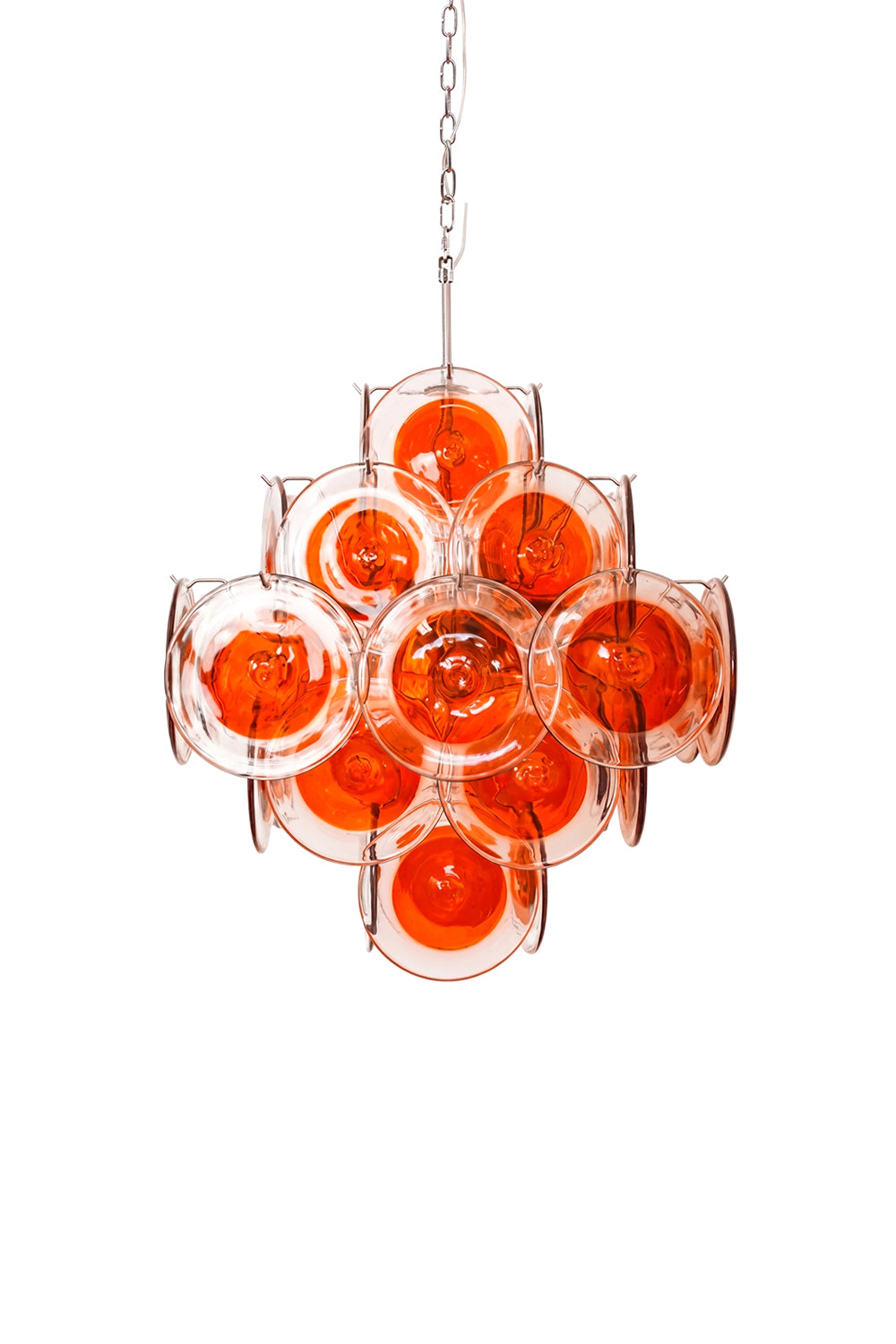 Tiered diamond-shaped chandelier with circular amber glass discs | Metal, Glass | Front view isolated on white background | Samu Lamp