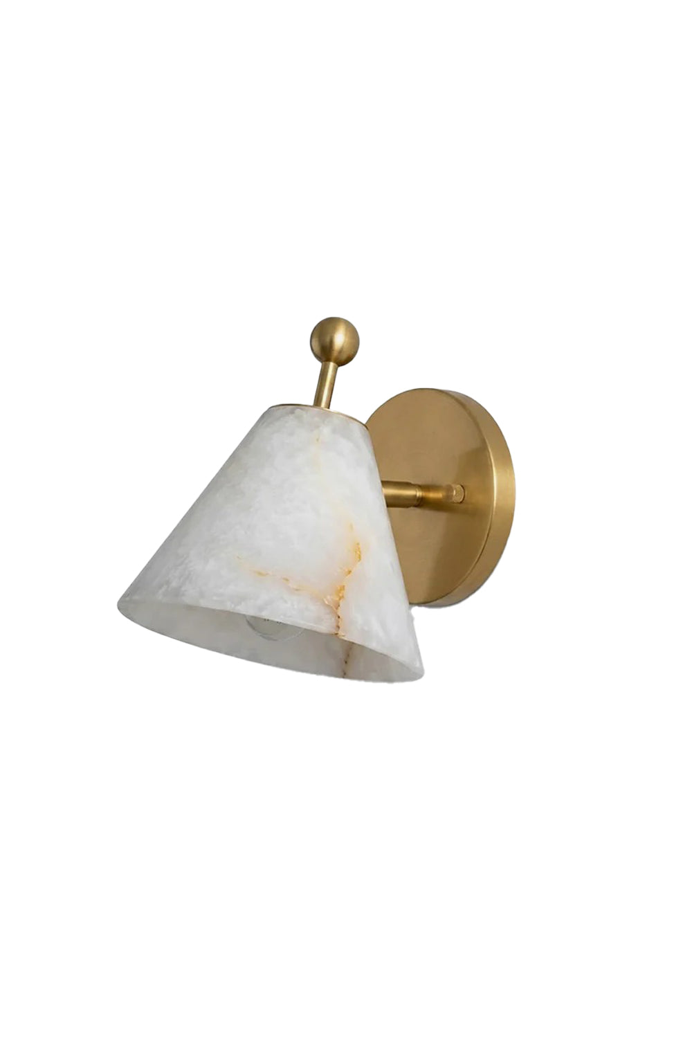 Solene Alabaster Cone Wall Sconce | Alabaster, Brass | Isolated unlit view of a modern conical wall sconce featuring a natural white alabaster stone shade with amber veining and a brushed gold brass mounting fixture with a top ball accent | White background | Samu Lamp