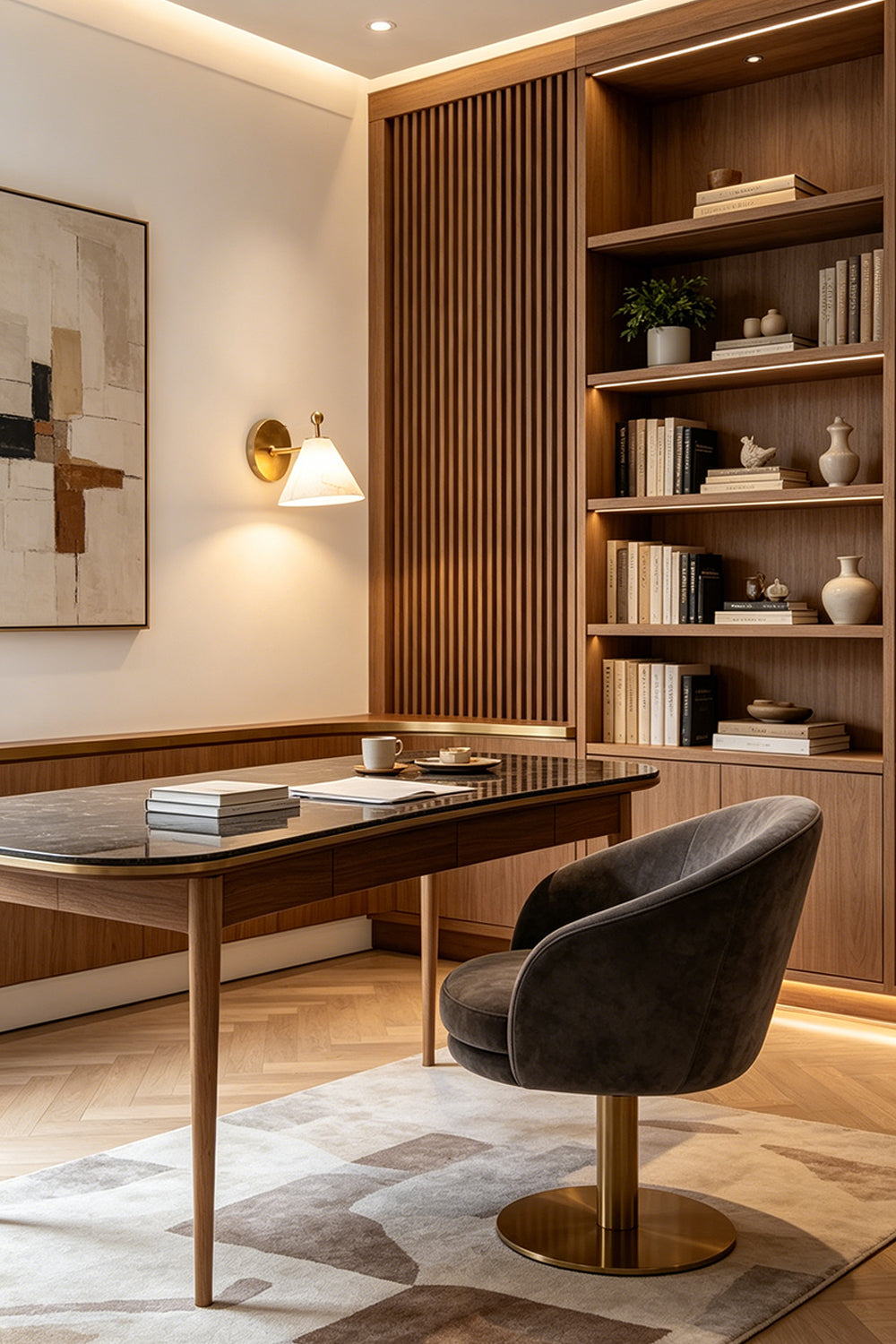 Solene Alabaster Cone Wall Sconce | Alabaster, Brass | Staged as stylish wall lighting in a contemporary home office next to a wooden desk, executive chair, and open library shelves | Samu Lamp
