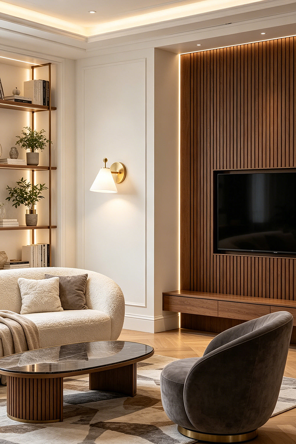 Solene Alabaster Cone Wall Sconce | Alabaster, Brass | Illuminating a modern living room corner, casting a soft ambient light halo near a curved couch and a wood slat television accent wall | Samu Lamp