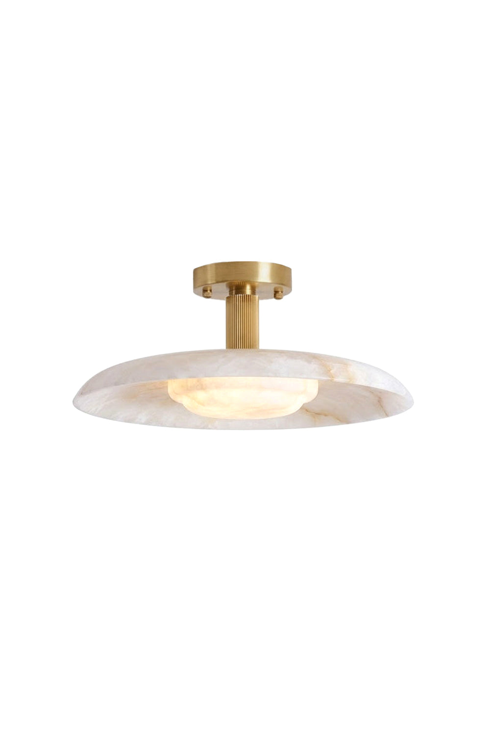 Solene Alabaster Round Ceiling Light | Alabaster, Brass | Isolated lit view of a modern semi-flush mount ceiling light featuring a shallow round saucer-shaped natural white alabaster shade and a central brushed gold stem | White background | Samu Lamp