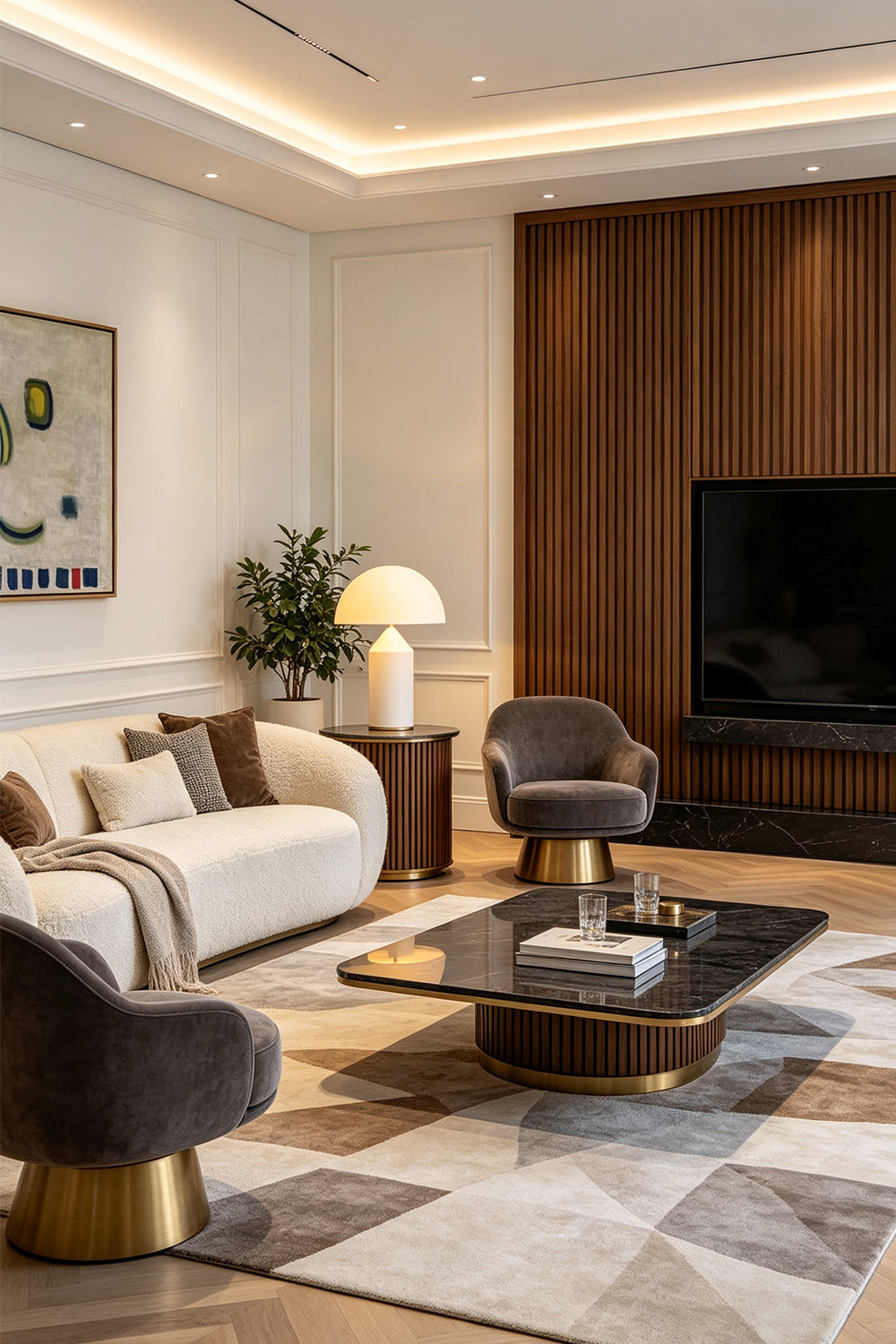 Solene Domed Glass Table Lamp | White Frosted Glass | Styled on a wooden side table next to a contemporary cream sofa in a living room | Samu Lamp