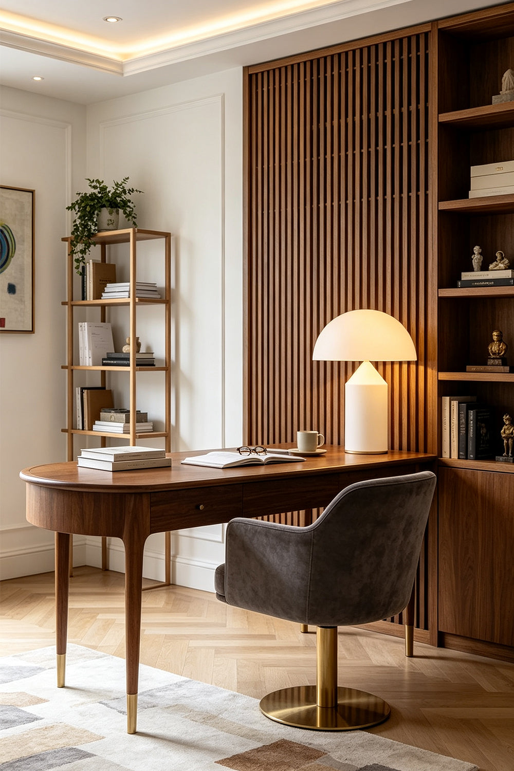 Solene Domed Glass Table Lamp | White Frosted Glass | Placed on a curved wooden desk next to a dark office chair in a modern study room | Samu Lamp