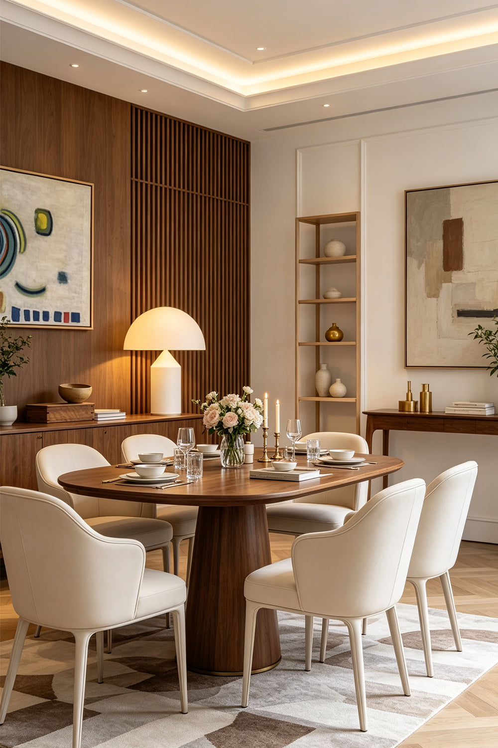 Solene Domed Glass Table Lamp | White Frosted Glass | Illuminated on a sideboard behind a round wooden dining table with cream chairs | Samu Lamp