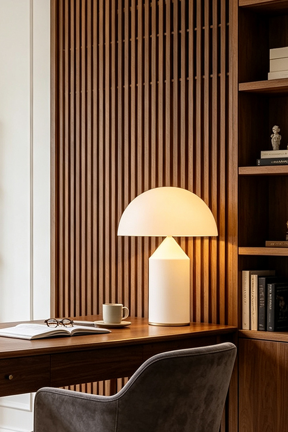 Solene Domed Glass Table Lamp | White Frosted Glass | Casting a warm ambient glow on a wooden desk against vertical wood slat wall paneling | Samu Lamp