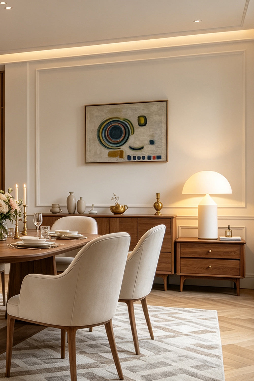 Solene Domed Glass Table Lamp | White Frosted Glass | Positioned on a dark wood credenza in an elegant dining area against a plain wall | Samu Lamp