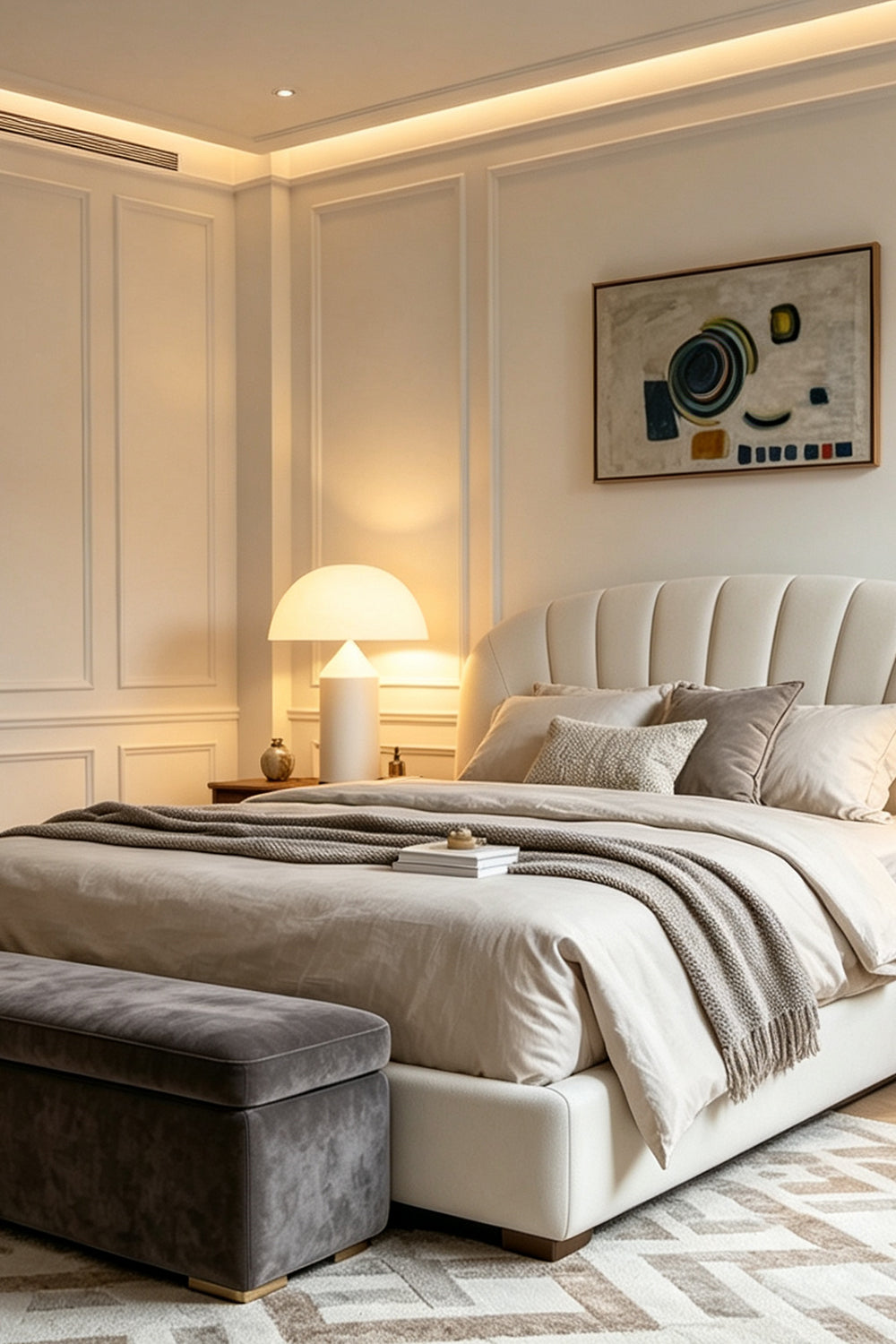 Solene Domed Glass Table Lamp | White Frosted Glass | Sitting on a wooden nightstand next to a cozy bed with a tufted headboard in a bedroom | Samu Lamp