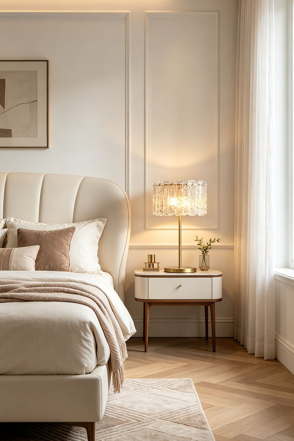 Solene Stacked Glass Table Lamp | Textured Glass and Brass | Illuminating a wooden cabinet behind a dining table | Samu Lamp
