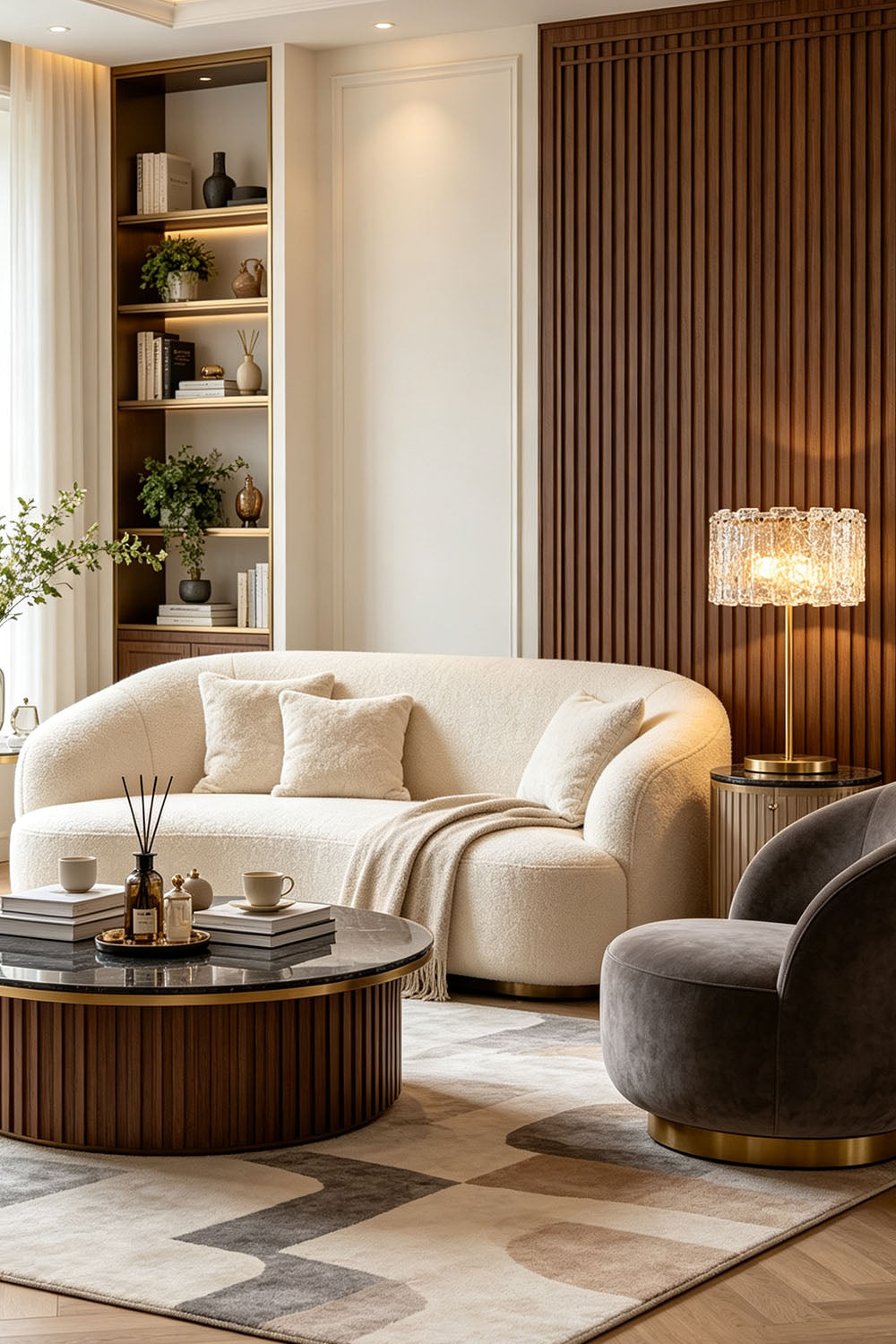 Solene Stacked Glass Table Lamp | Textured Glass and Brass | Standing on a bedside nightstand in a cozy elegant bedroom | Samu Lamp