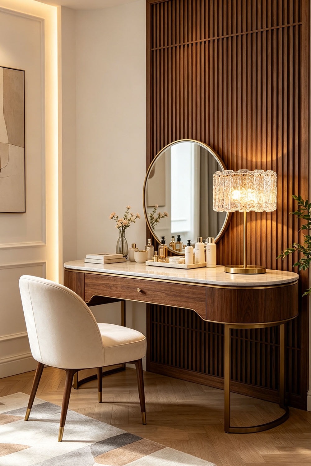 Solene Stacked Glass Table Lamp | Textured Glass and Brass | Displayed on a wooden desk in a home office with bookshelves | Samu Lamp