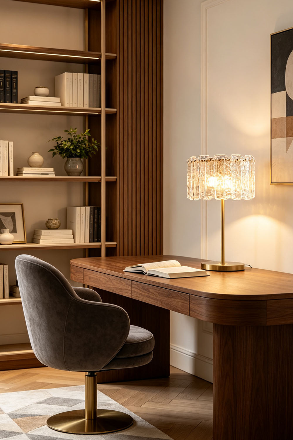 Solene Stacked Glass Table Lamp | Textured Glass and Brass | Enhancing a wooden kitchen island counter with warm light | Samu Lamp