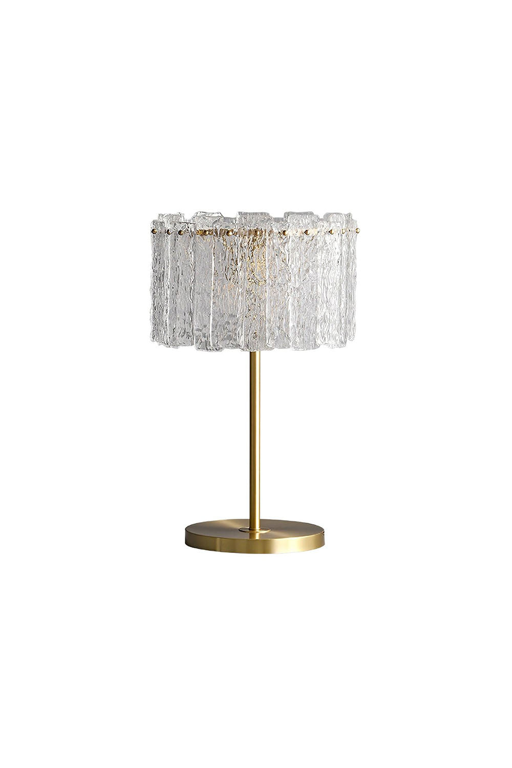 Solene Stacked Glass Table Lamp | Textured Glass and Brass | Front full view on a pure white background, illuminated | Samu Lamp