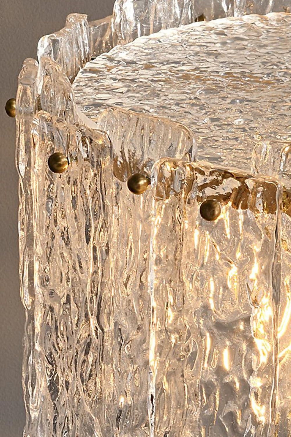 Solene Stacked Glass Table Lamp | Textured Glass and Brass | Macro detail showing the suspended clear textured glass pieces | Samu Lamp
