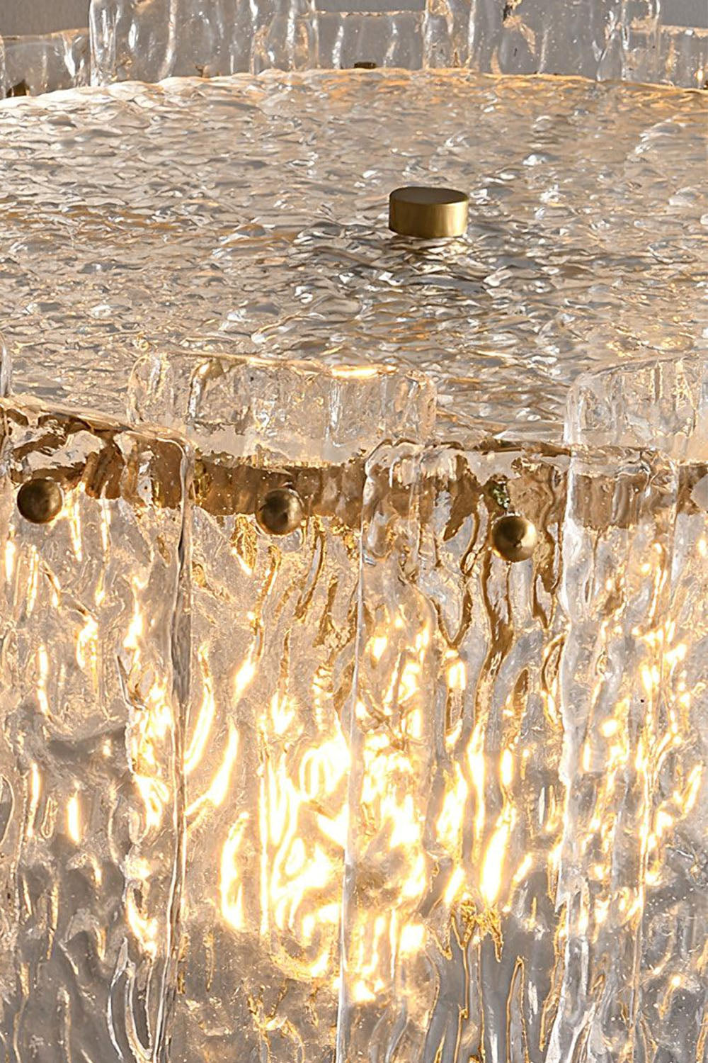 Solene Stacked Glass Table Lamp | Textured Glass and Brass | Top-down close-up highlighting the textured glass cover and shade | Samu Lamp