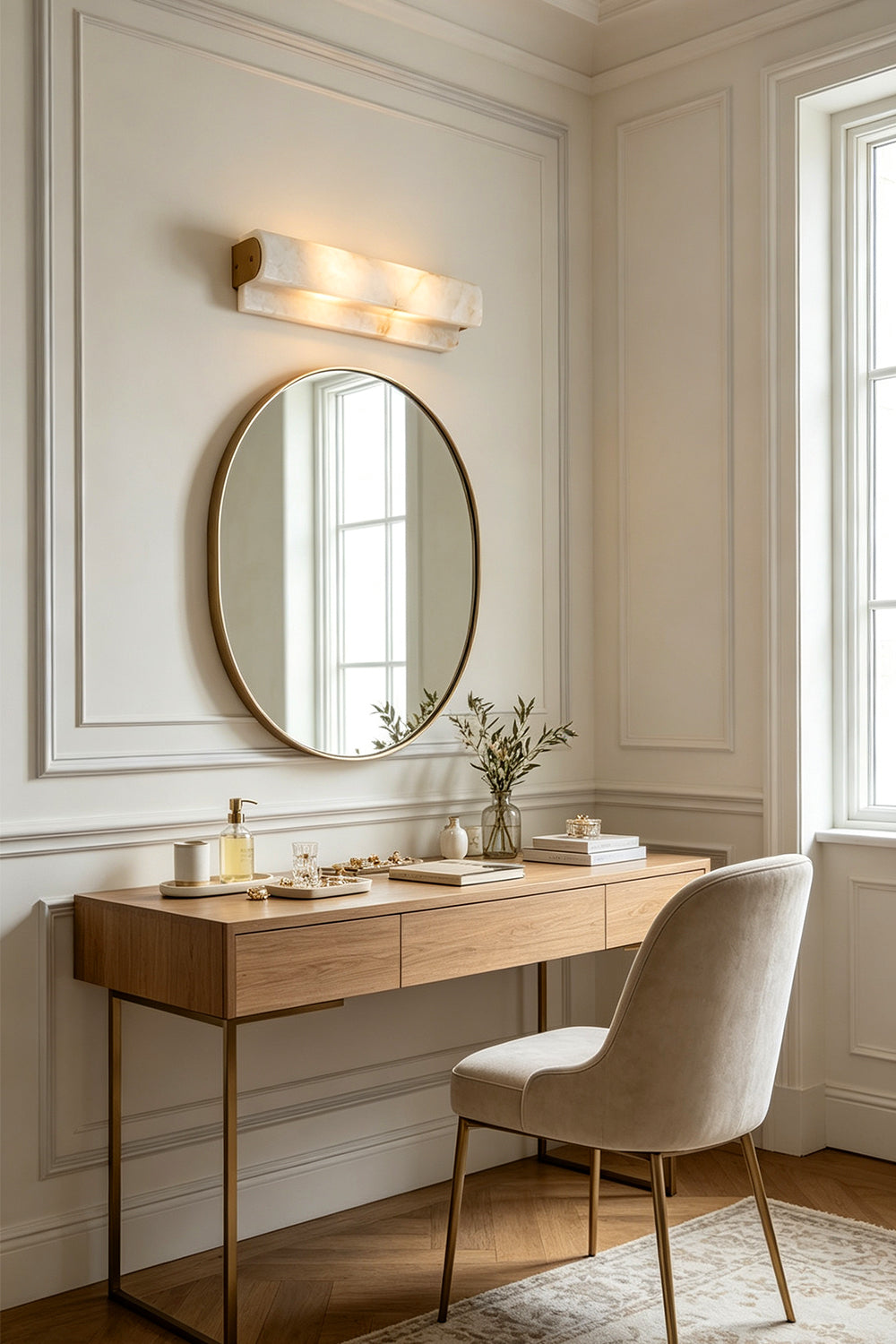 Soren Stacked Alabaster Wall Sconce illuminating a stylish vanity with round mirror and modern chair in a bright room.