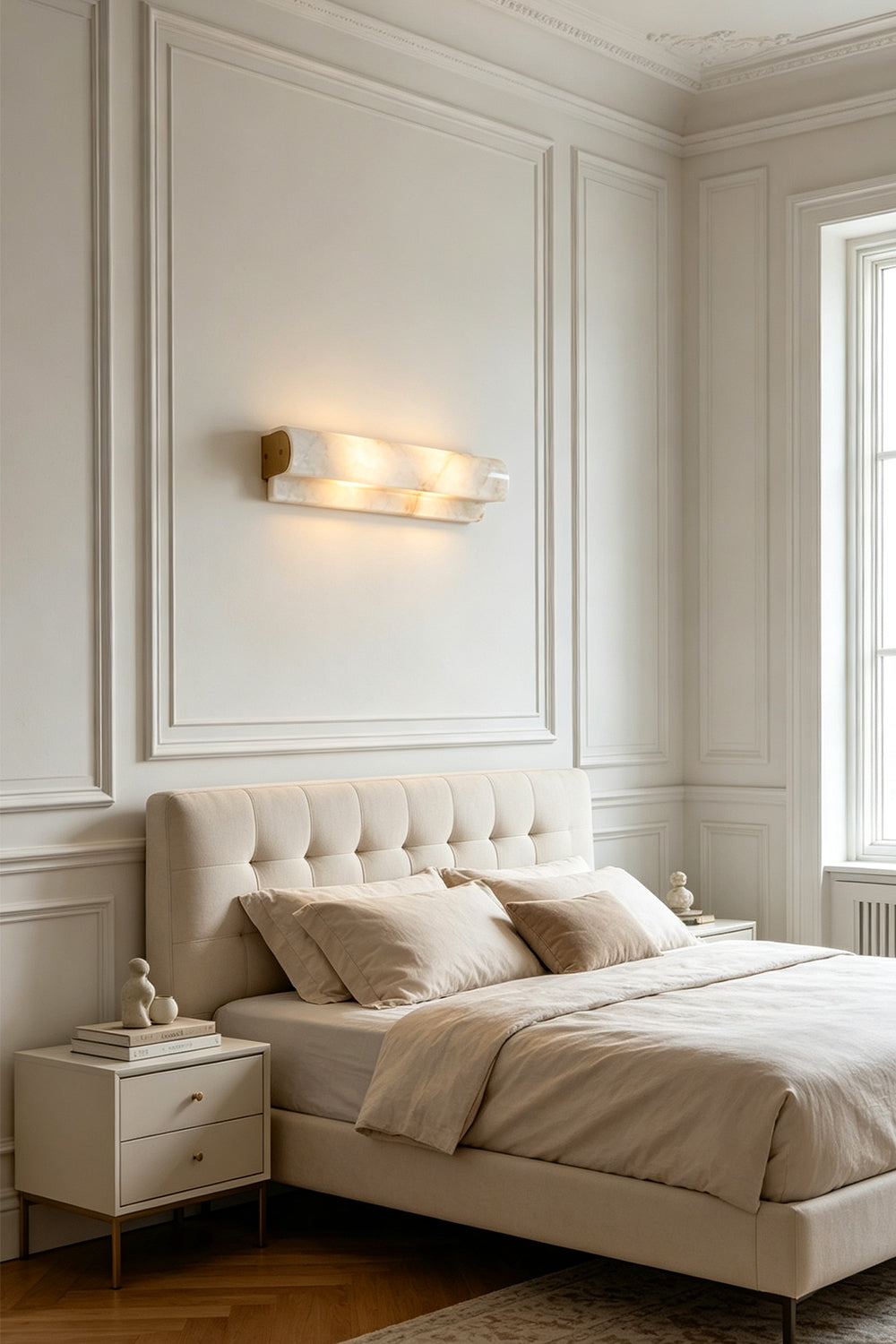 Soren Stacked Alabaster Wall Sconce illuminating a modern bedroom with a plush white bed and elegant decor.