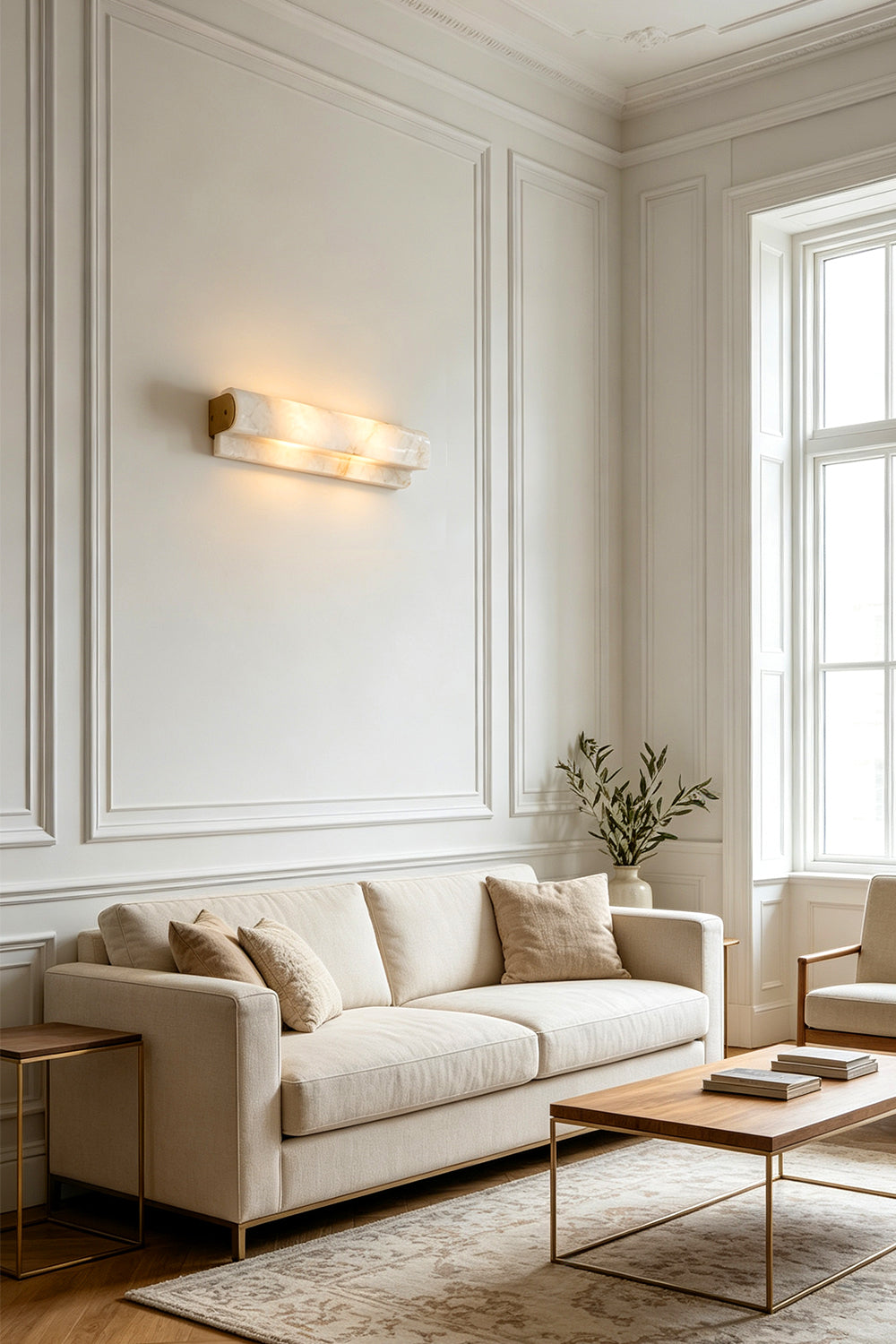Soren Stacked Alabaster Wall Sconce illuminating a stylish living room setting with a cozy sofa and modern decor.