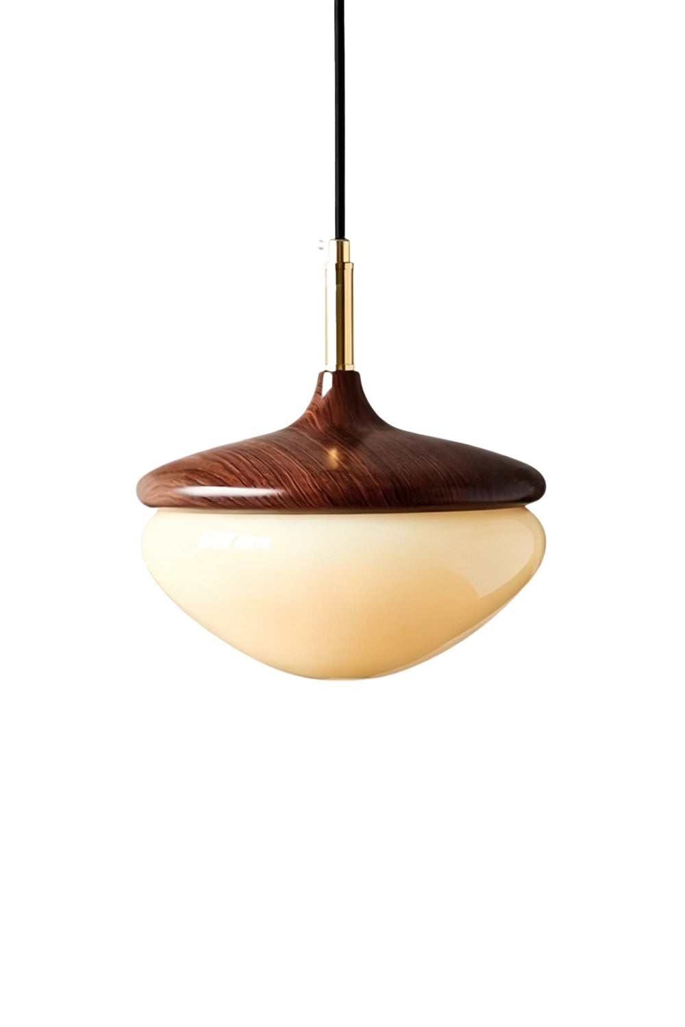 Soren Wood Grain Pendant Lamp | Wood, Glass, Metal | Mushroom-shaped minimalist pendant light with a dark walnut wood cap and a creamy glass diffuser bowl | Isolated product shot on white background | Samu Lamp