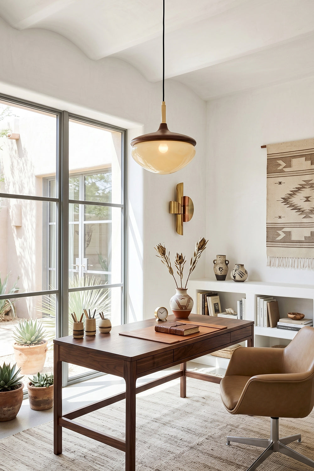 Soren Wood Grain Pendant Lamp | Wood, Glass, Metal | Providing warm task lighting over a dark wood desk and leather chair in a sunlit workspace | Samu Lamp