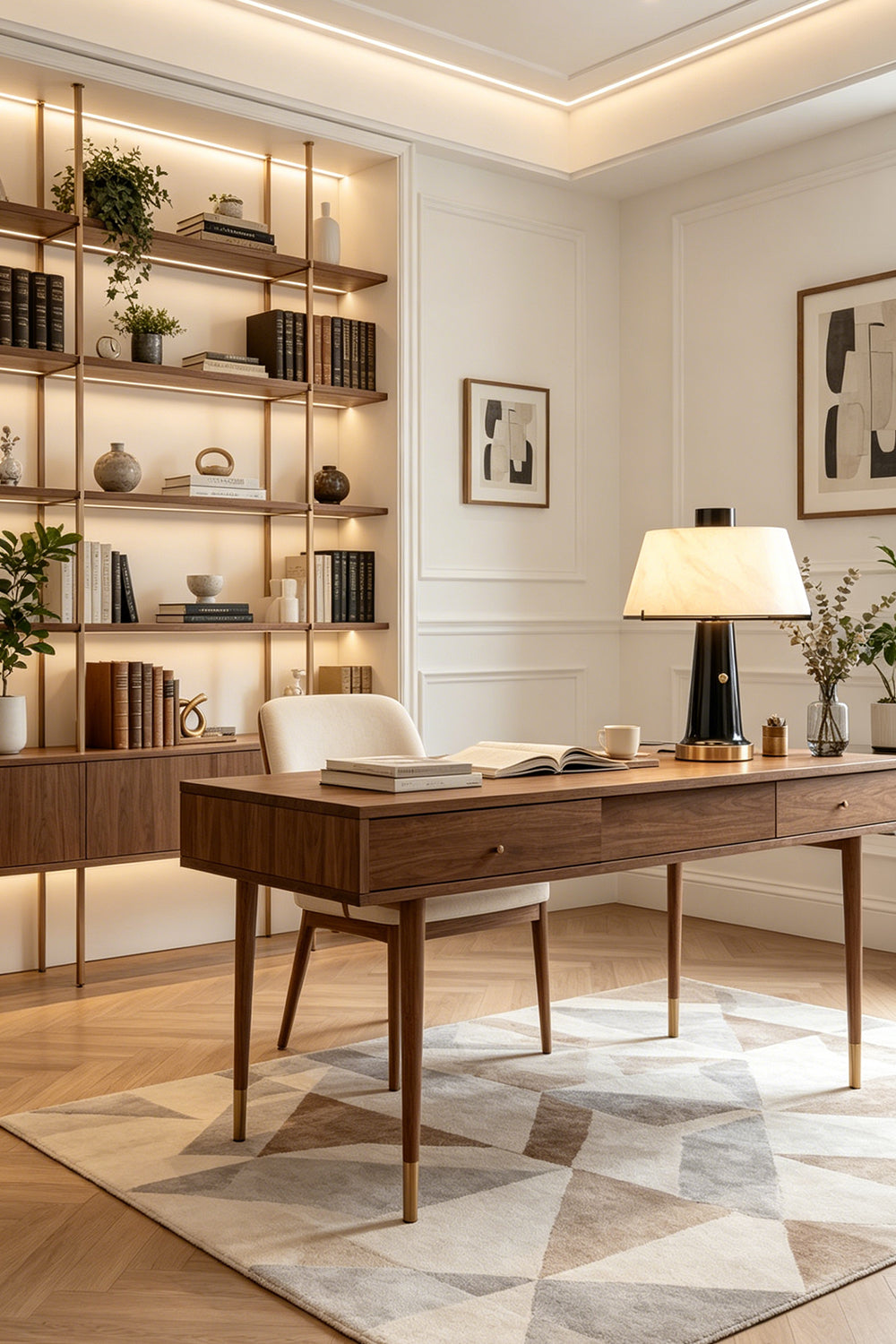 Sovereign Alabaster Radiance Wall Lamp illuminating a stylish workspace with modern decor and bookshelf.