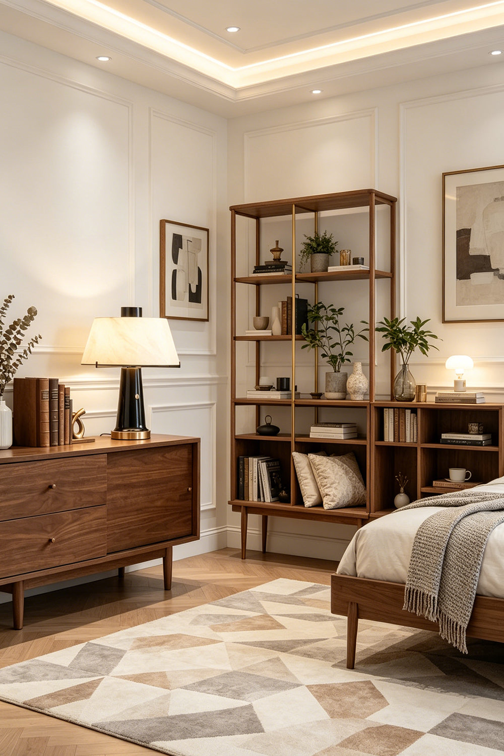 Sovereign Alabaster Radiance Wall Lamp in a stylish mid-century inspired bedroom with wooden furniture.