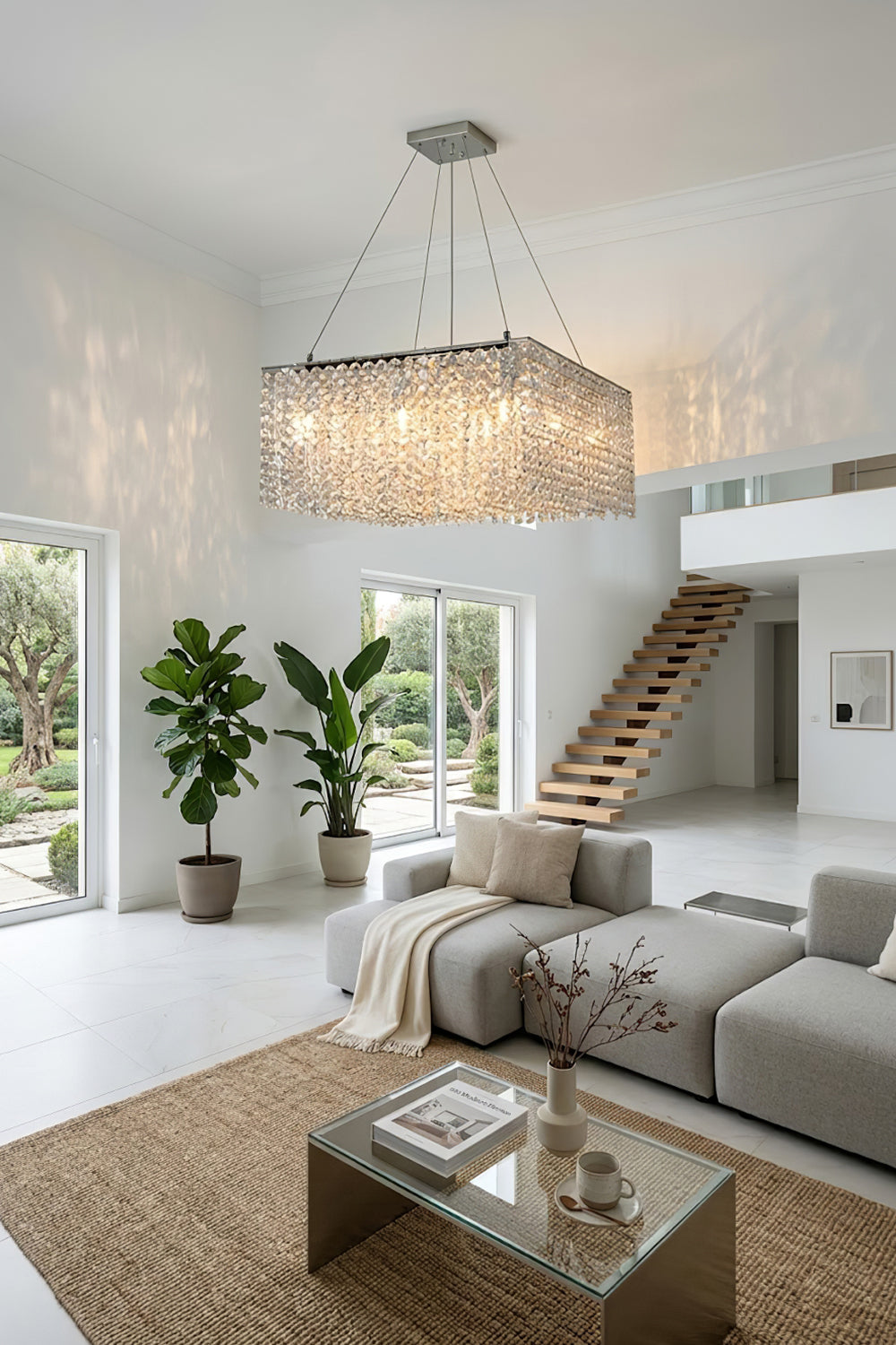 Large crystal frame chandelier in a contemporary living room | Stainless Steel, Crystal | Wide shot of a bright interior with neutral decor | Samu Lamp