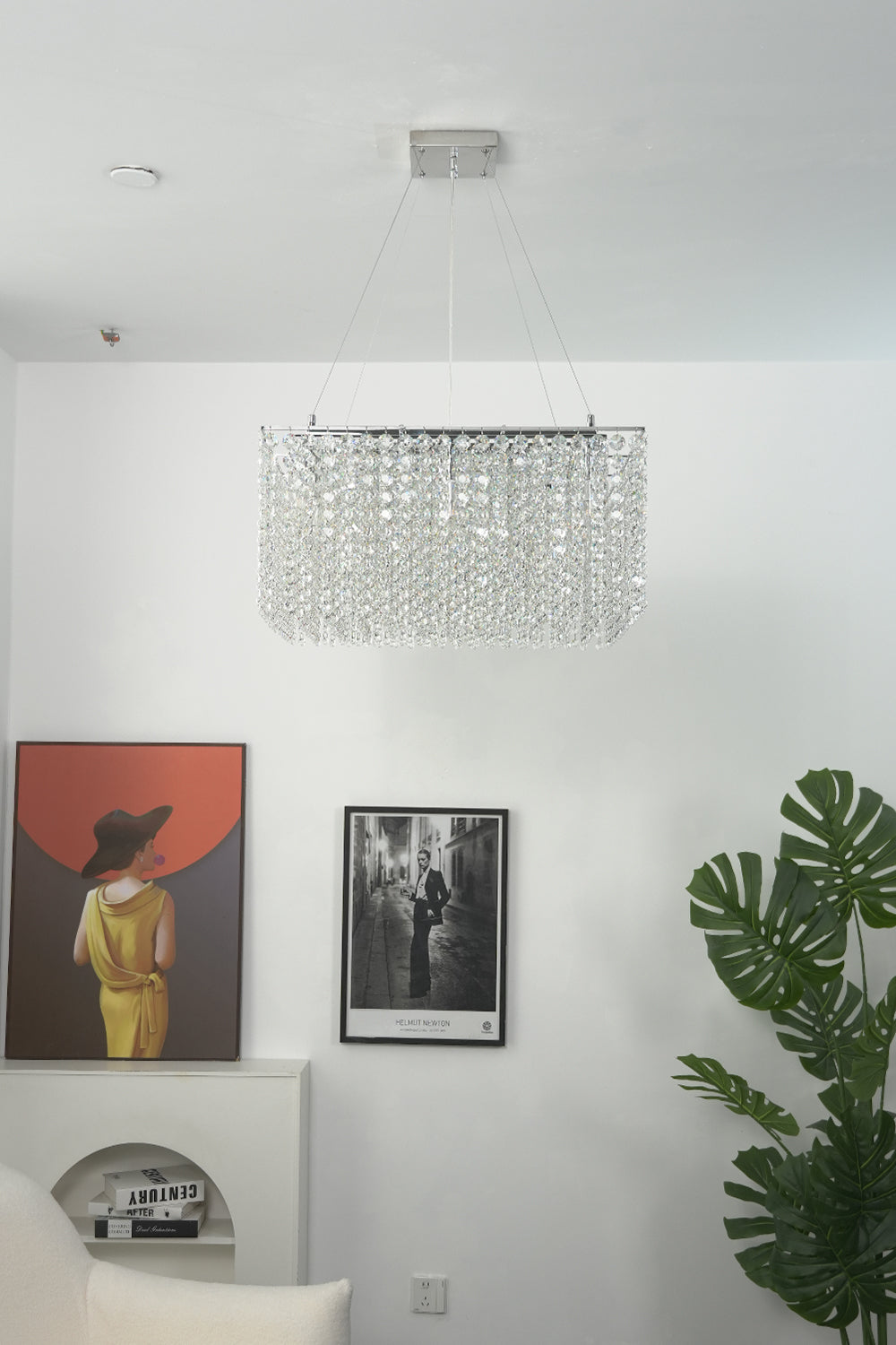 Tiered crystal frame chandelier in a high-end residential setting | Stainless Steel, Crystal | Interior view showing the modern layout and decor | Samu Lamp