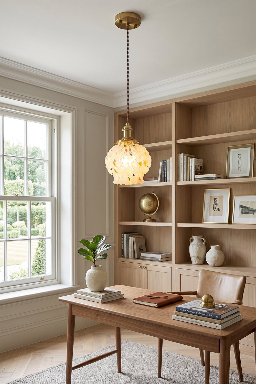 Speckled Bubble Glass Pendant Lamp | Glass, Metal | Suspended as ambient office lighting in a modern study room featuring a wooden desk and light oak bookshelves | Samu Lamp