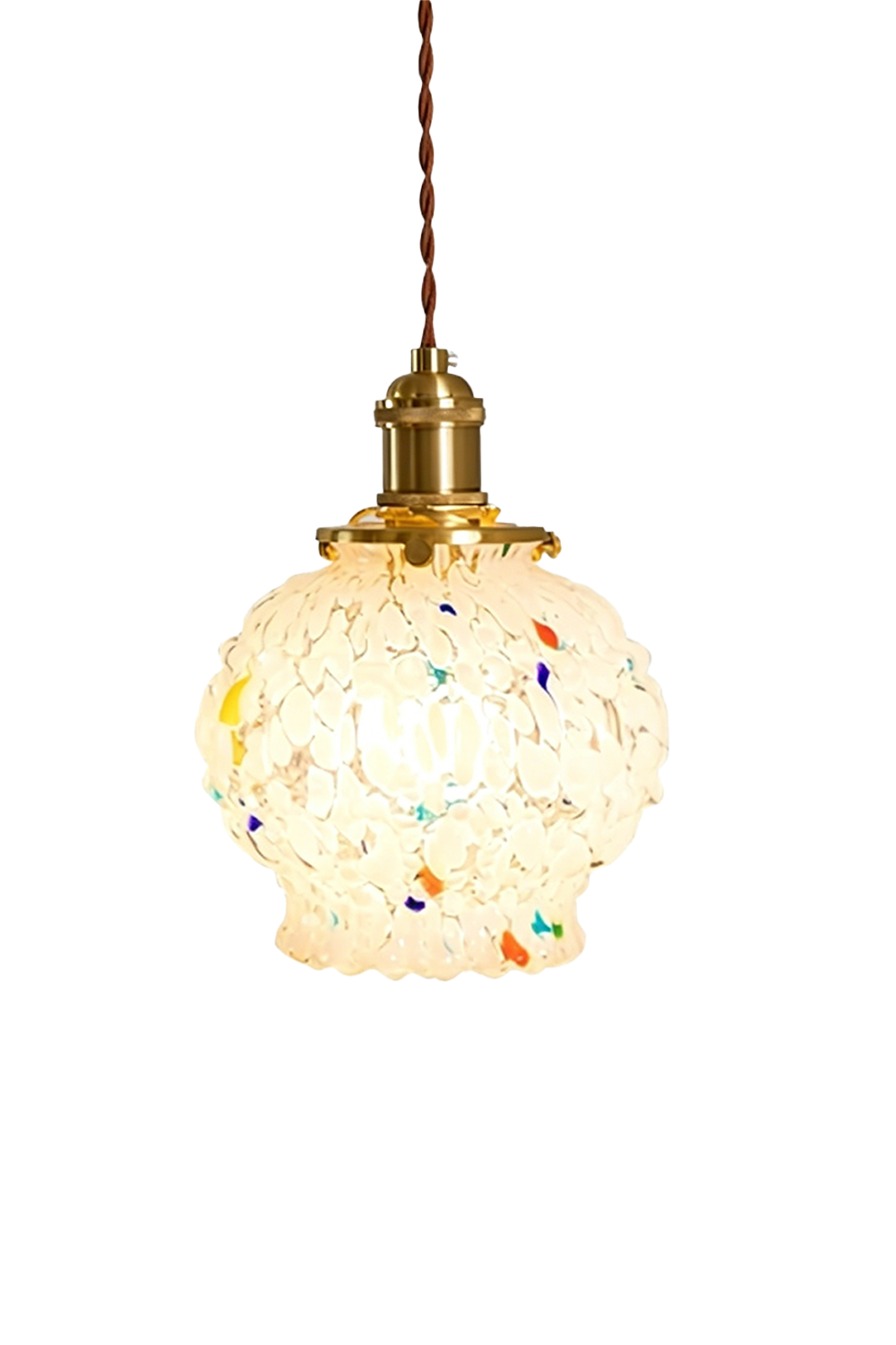 Speckled Bubble Glass Pendant Lamp | Glass, Metal | Fully lit retro-inspired pendant light with a bumpy speckled glass shade featuring colorful flecks and a brushed brass fixture | Isolated lit product shot on white background | Samu Lamp
