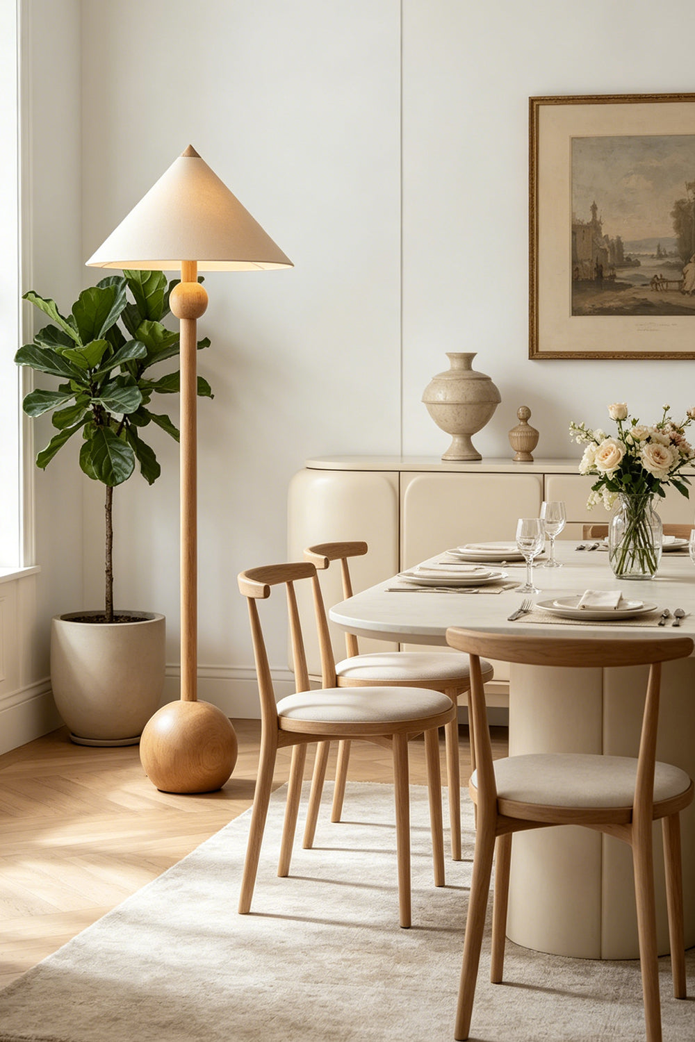 Sphaerica Lignum Wood Floor Lamp | Metal, Wood, Fabric | Complementing a neutral-toned dining area with wooden chairs and cream cabinetry | Samu Lamp