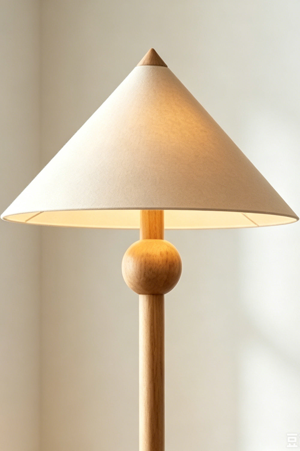 Sphaerica Lignum Wood Floor Lamp | Metal, Wood, Fabric | Close-up of the conical fabric lampshade and the decorative wooden ball neck | Samu Lamp