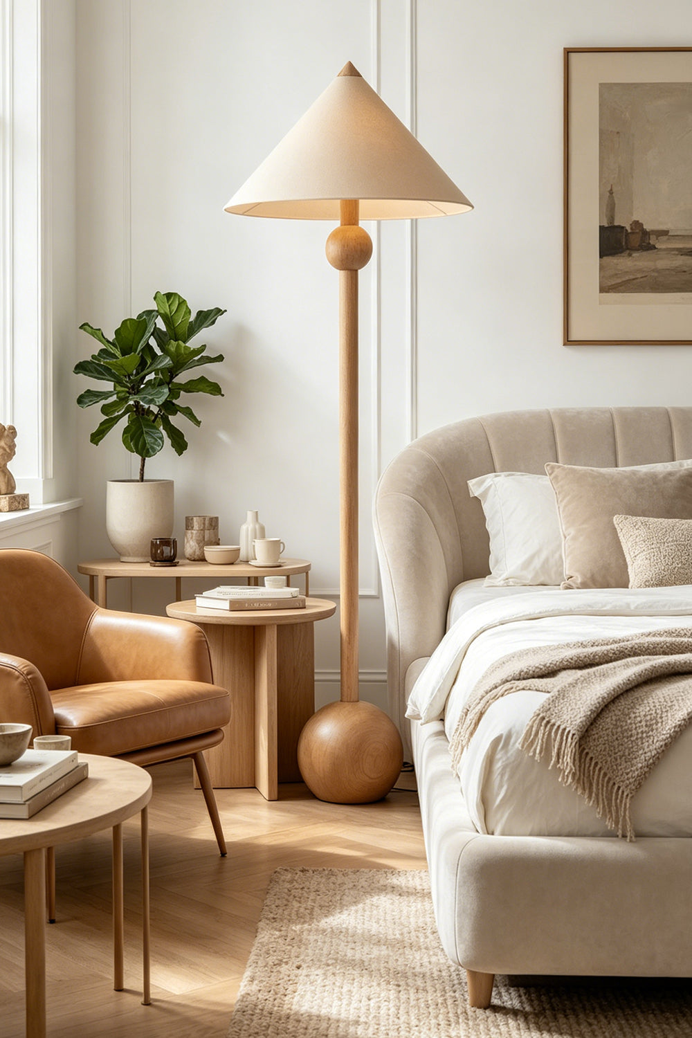 Sphaerica Lignum Wood Floor Lamp | Metal, Wood, Fabric | Placed in a cozy bedroom corner next to a beige upholstered bed and a wooden side table | Samu Lamp