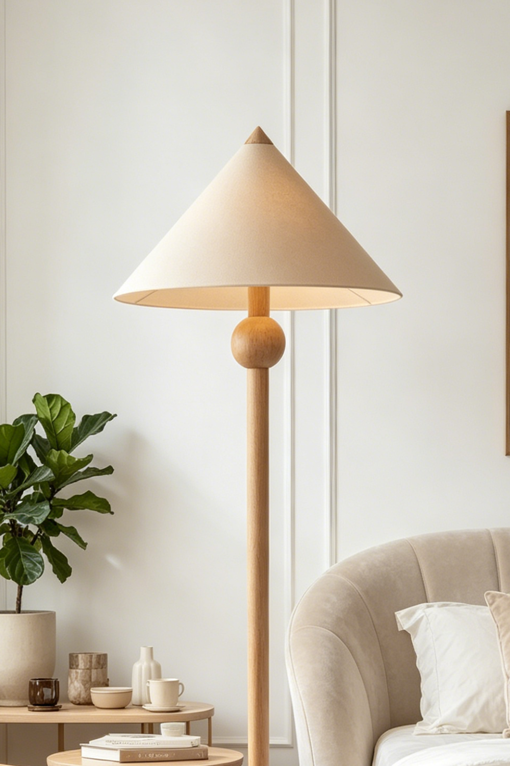 Sphaerica Lignum Wood Floor Lamp | Metal, Wood, Fabric | Providing ambient lighting in a stylish living room corner with lush green plants | Samu Lamp