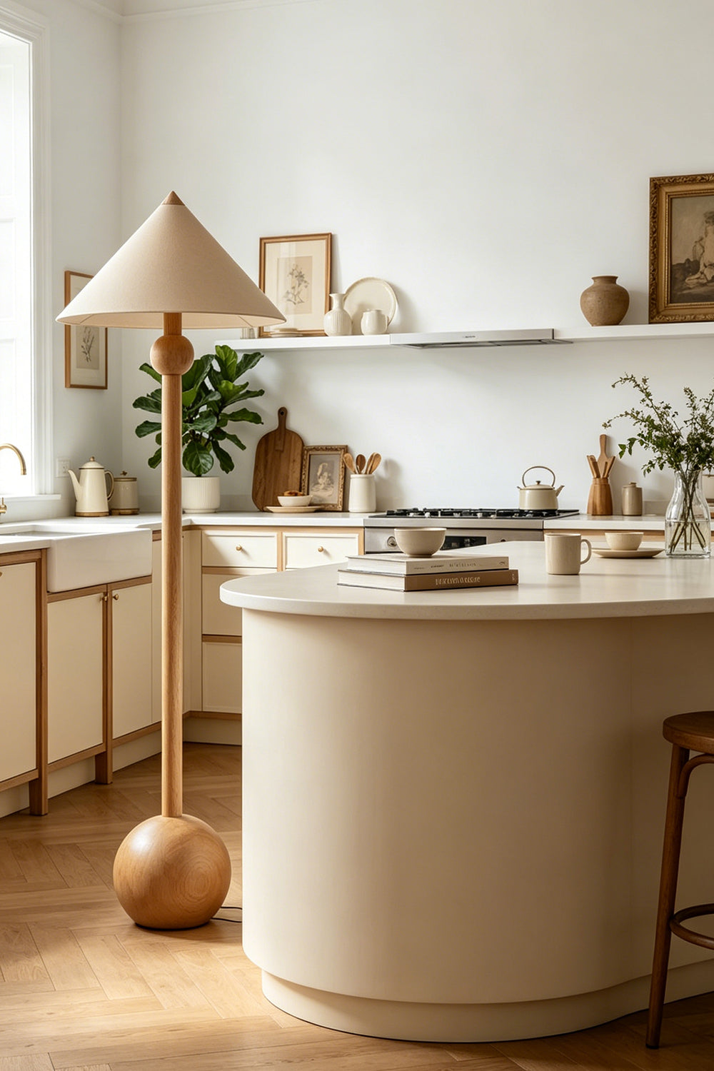 Sphaerica Lignum Wood Floor Lamp | Metal, Wood, Fabric | Positioned near a curved kitchen island in a contemporary open-plan kitchen | Samu Lamp
