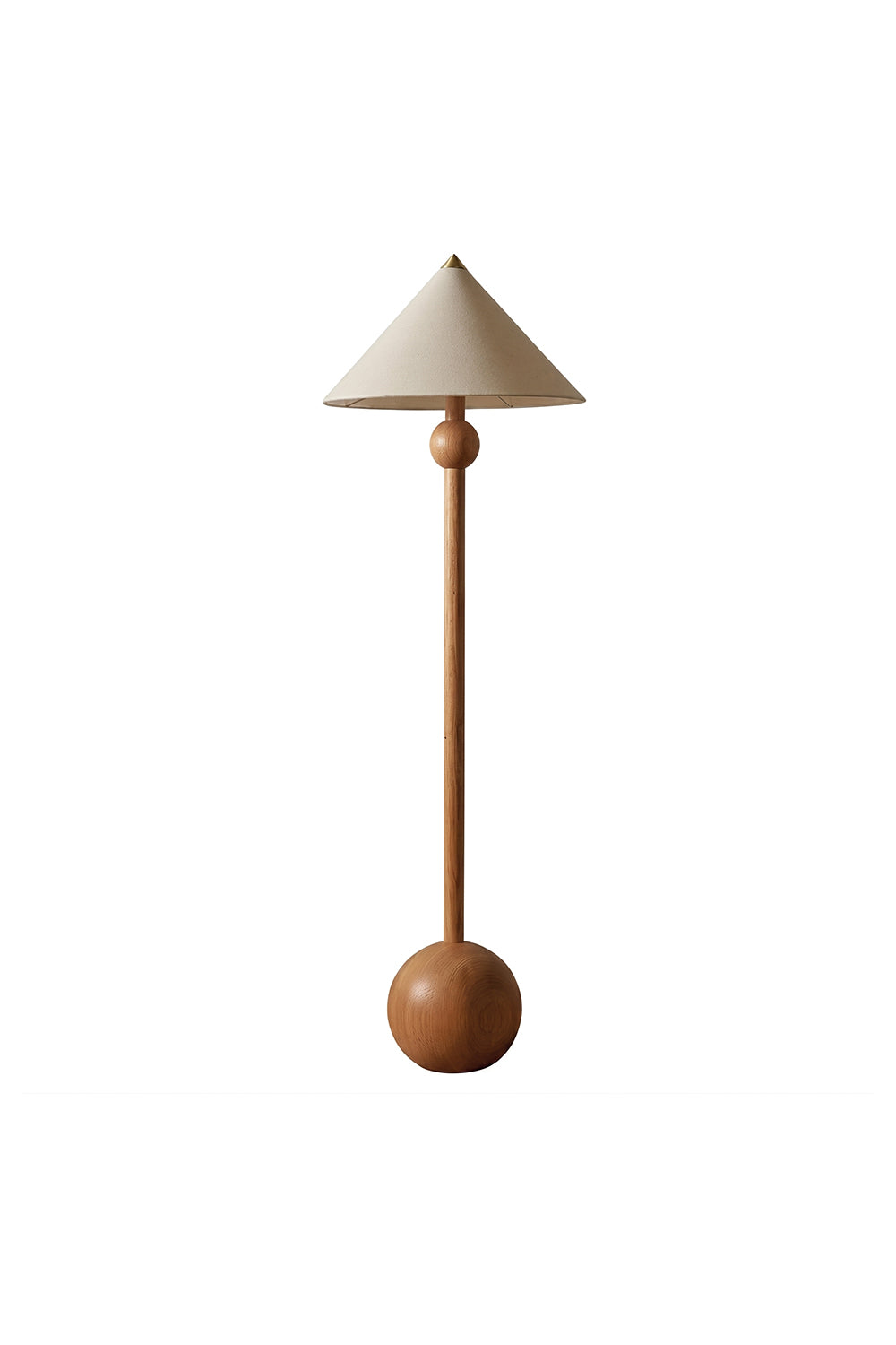 Sphaerica Lignum Wood Floor Lamp | Metal, Wood, Fabric | Minimalist floor lamp with conical beige fabric shade and spherical wood base | Isolated product shot on white background | Samu Lamp